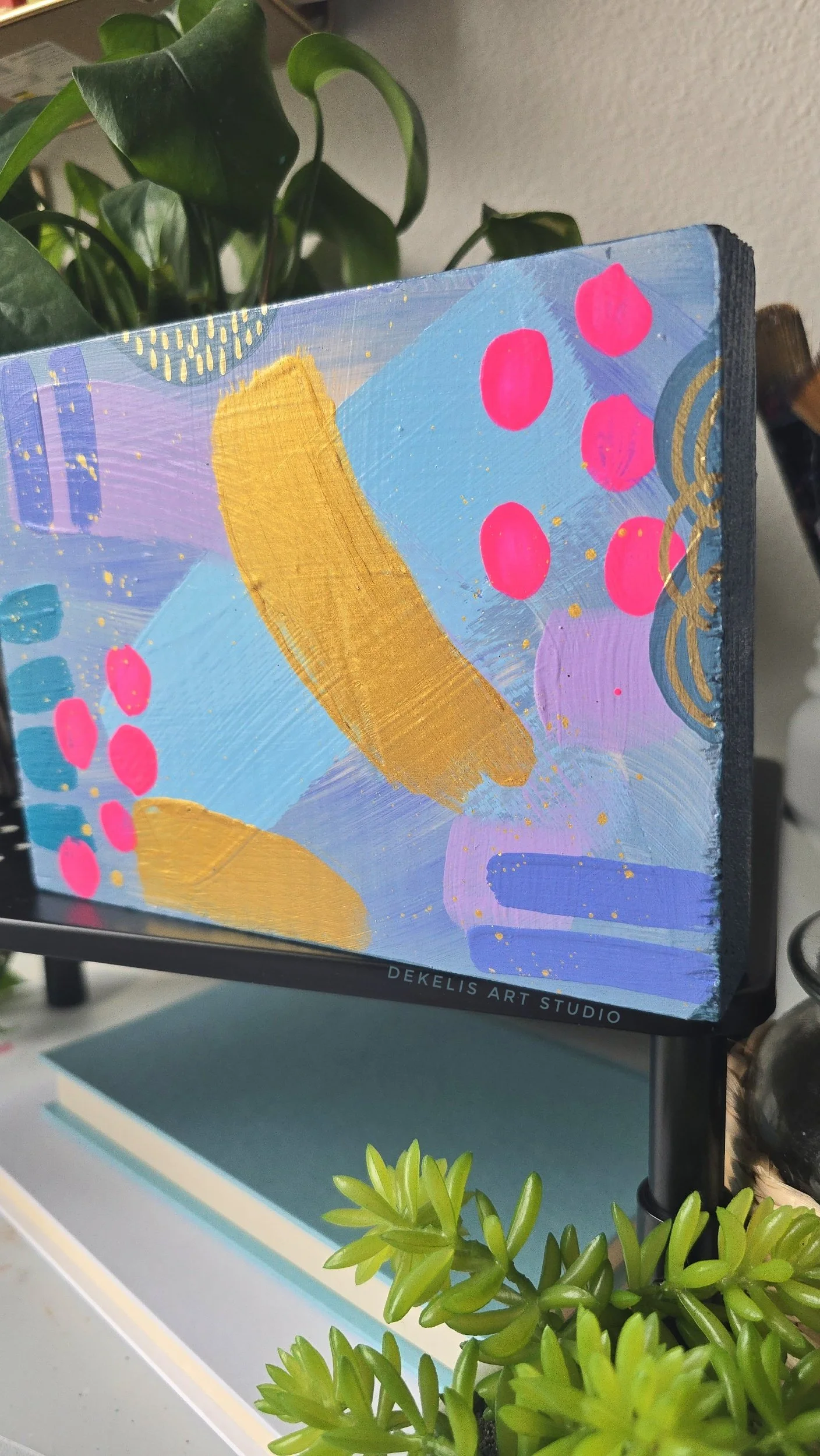 Joyful Abstract Painted Artwork on Wood Block by DeKelis Art Studio