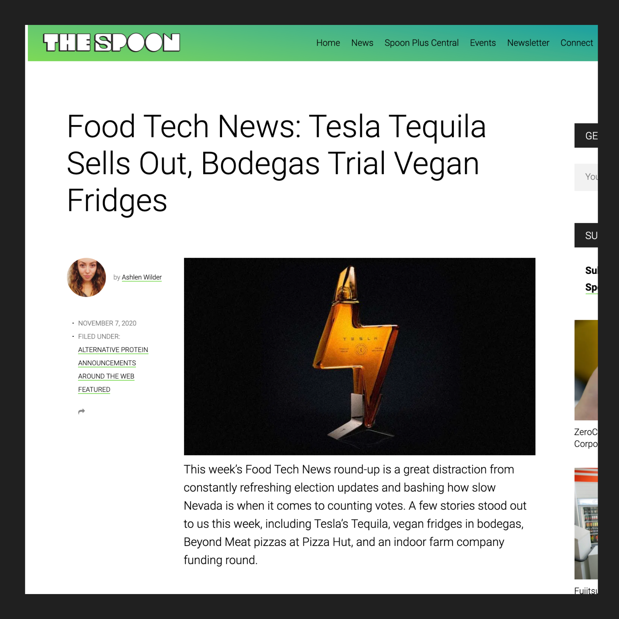 Food Tech News: Tesla Tequila Sells Out, Bodegas Trial Vegan Fridges