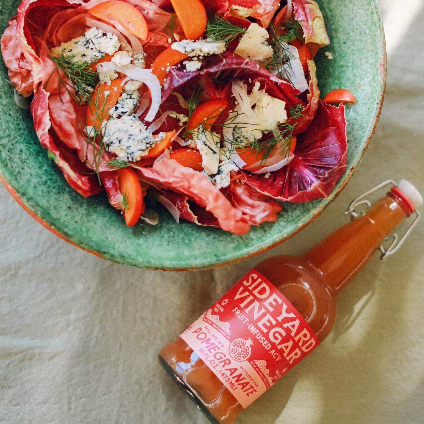 Community Recipe Spotlight! This Pomegranate Vinaigrette shines bright on top of the Chicory, Persimmon and Blue Cheese Salad. Bring vibrancy to your table during the winter months ahead with this stunning seasonal salad, and a delightful dressing ma