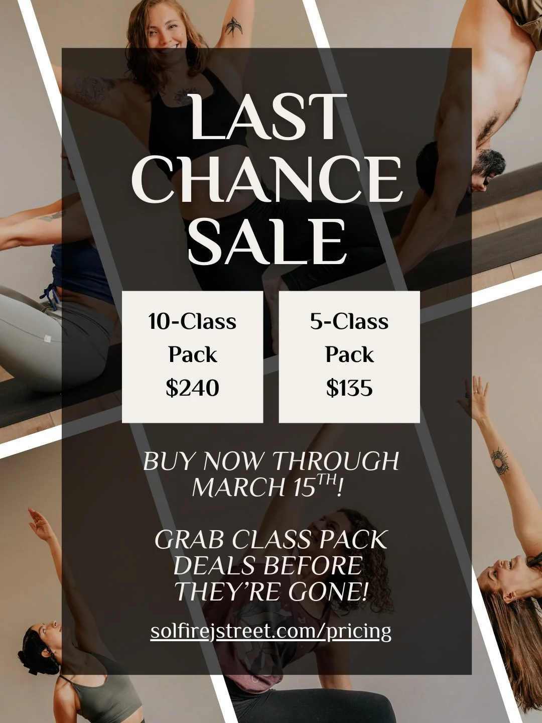 ✨CLASS PACK SALE LIVE - 10 class packs for $240 and 5 class packs for $135✨

Beginning March 15, our 10-Class Pack will be $280, and our 5-Class Pack will no longer be available.

Grab Class pack deals before they&rsquo;re gone! Multiple packs can be