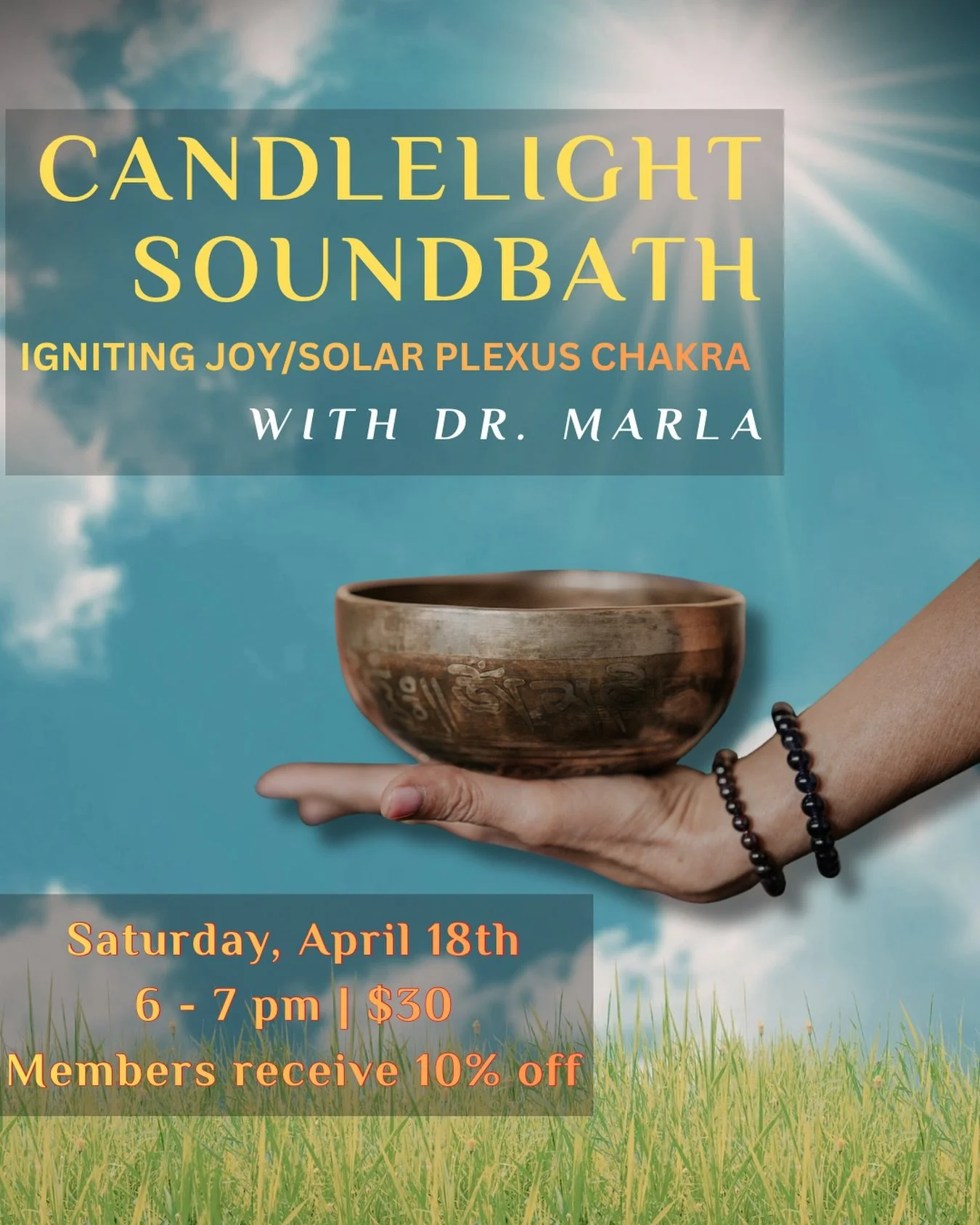 Correction: 6-7pm on April 18th😊

Candlelight Soundbath hosted by @soundandsouljourney on Saturday April 18th✨ 

Igniting JOY/Solar Plexus 🌞

Reduce stress, calm the nervous system, set powerful intentions, and balance the energy chakras.

Sign up 