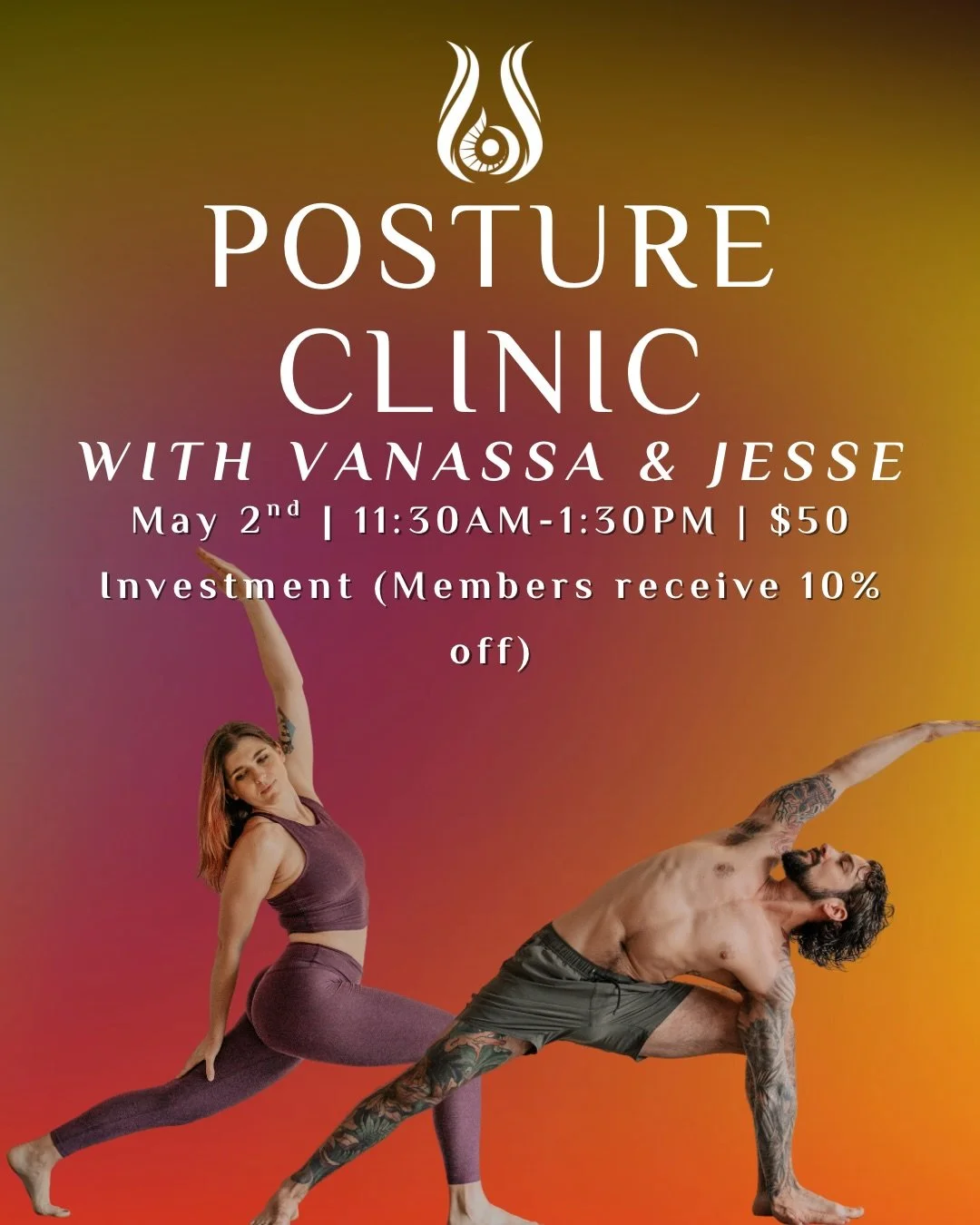 ‼️Posture Clinic‼️ 

On May 2nd at 11:30am don&rsquo;t miss out on  @vanassa.sue &amp; @jesse.r.vigil leading an empowering Power Vinyasa-driven posture clinic - where they will break down essential postures 🧘&zwj;♂️

Members receive 10% off! Sign u