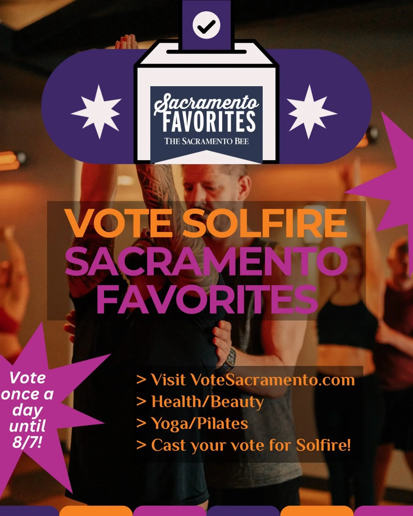 Vote Solfire for Sacramento&rsquo;s favorite yoga studio! 🫶

> Visit votesacramento.com 
> Click health/beauty
> Click yoga/pilates 
> Cast your vote for Solfire✨

Help us share movement, mindfulness, and community with Sacramento. 

You