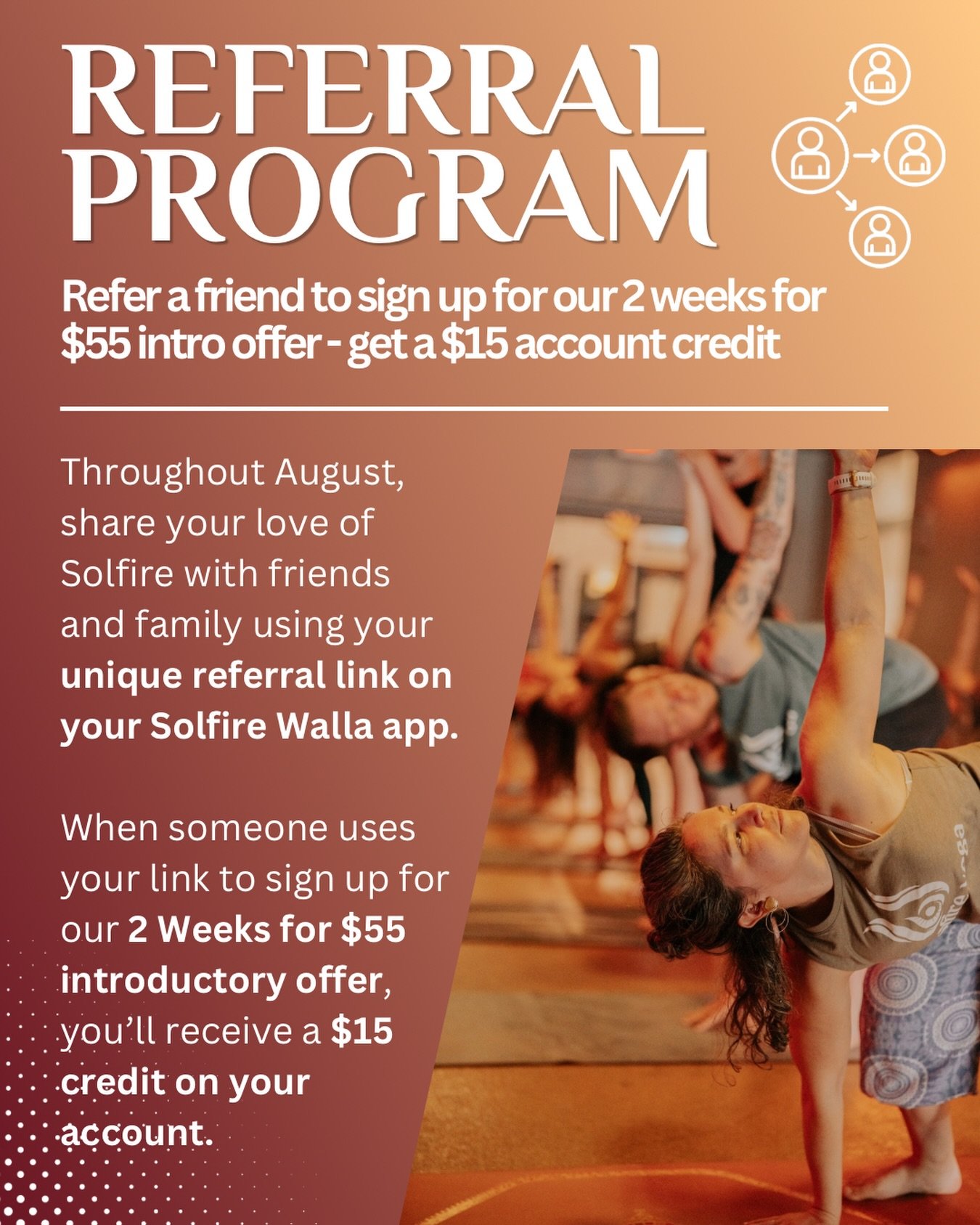 Ready to earn rewards just by sharing your love for Solfire? 💜

All August long, every Solfire client has a unique referral code waiting in the Solfire Walla app.

Here&rsquo;s how it works:
&bull; Share your referral code with friends and family.
&