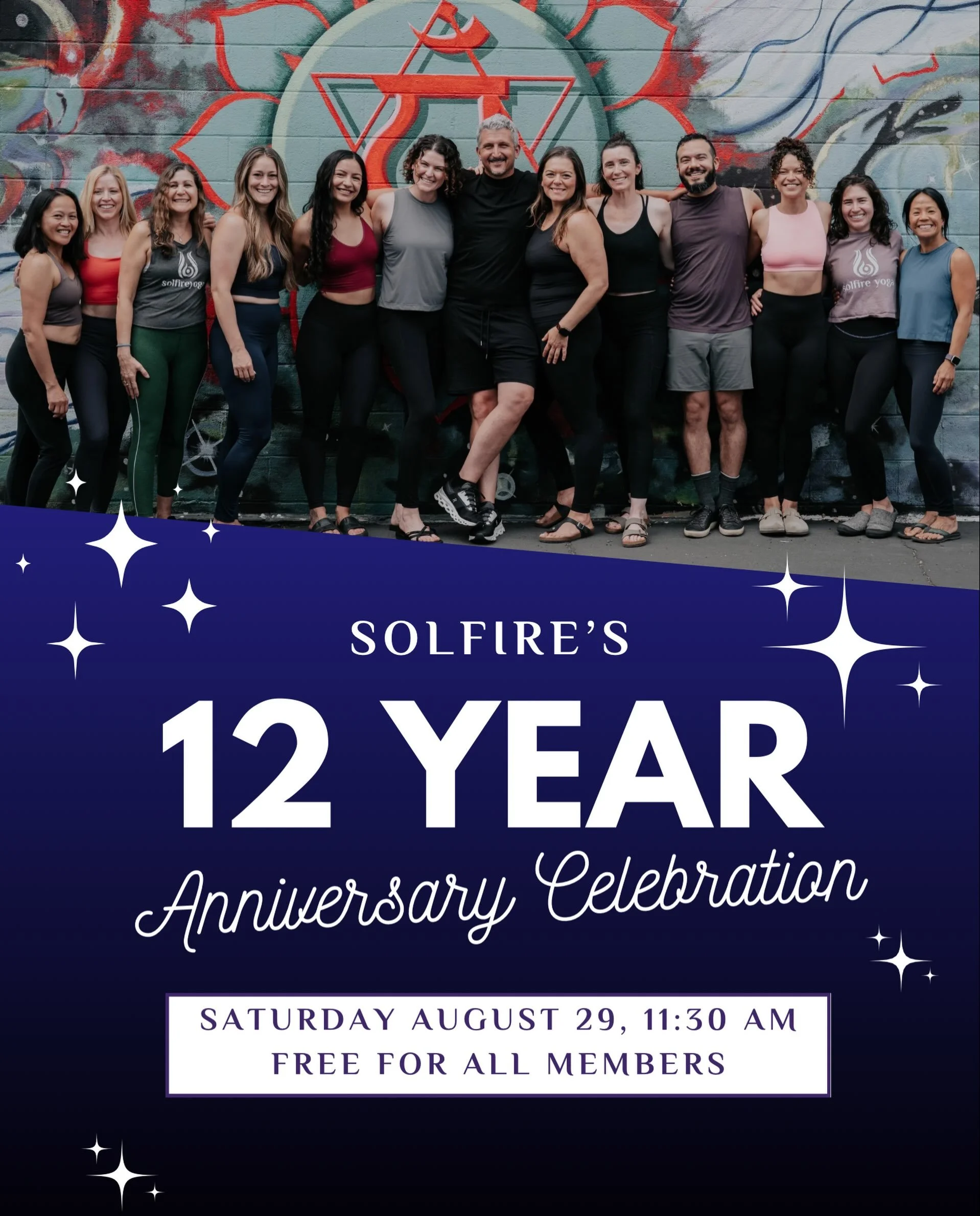 🥳🎉✨Solfire is turning TWELVE!✨🎉🥳

Saturday August 29th at 11:30 am, come celebrate 12 years of movement, mindfulness, and community! Join @blakemasonyoga for a 75-minute heated power vinyasa class followed by light bites, refreshments, and mingli
