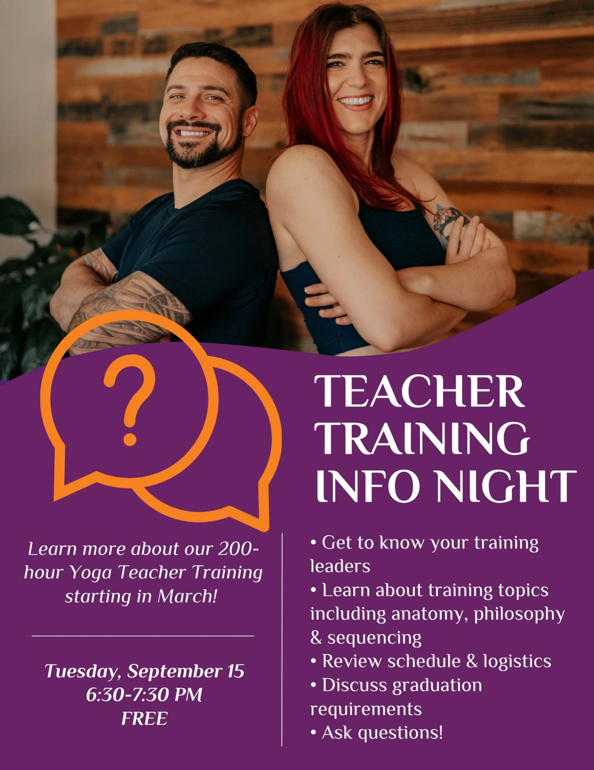 Mark your calendars for Tuesday, September 15th at 6:30pm! 

@jesse.r.vigil &amp; @vanassa.sue will be leading a Teacher Training info night! 

If you have that ✨feeling✨ that teacher training may be the next step in your yoga journey, don&rsquo;t he