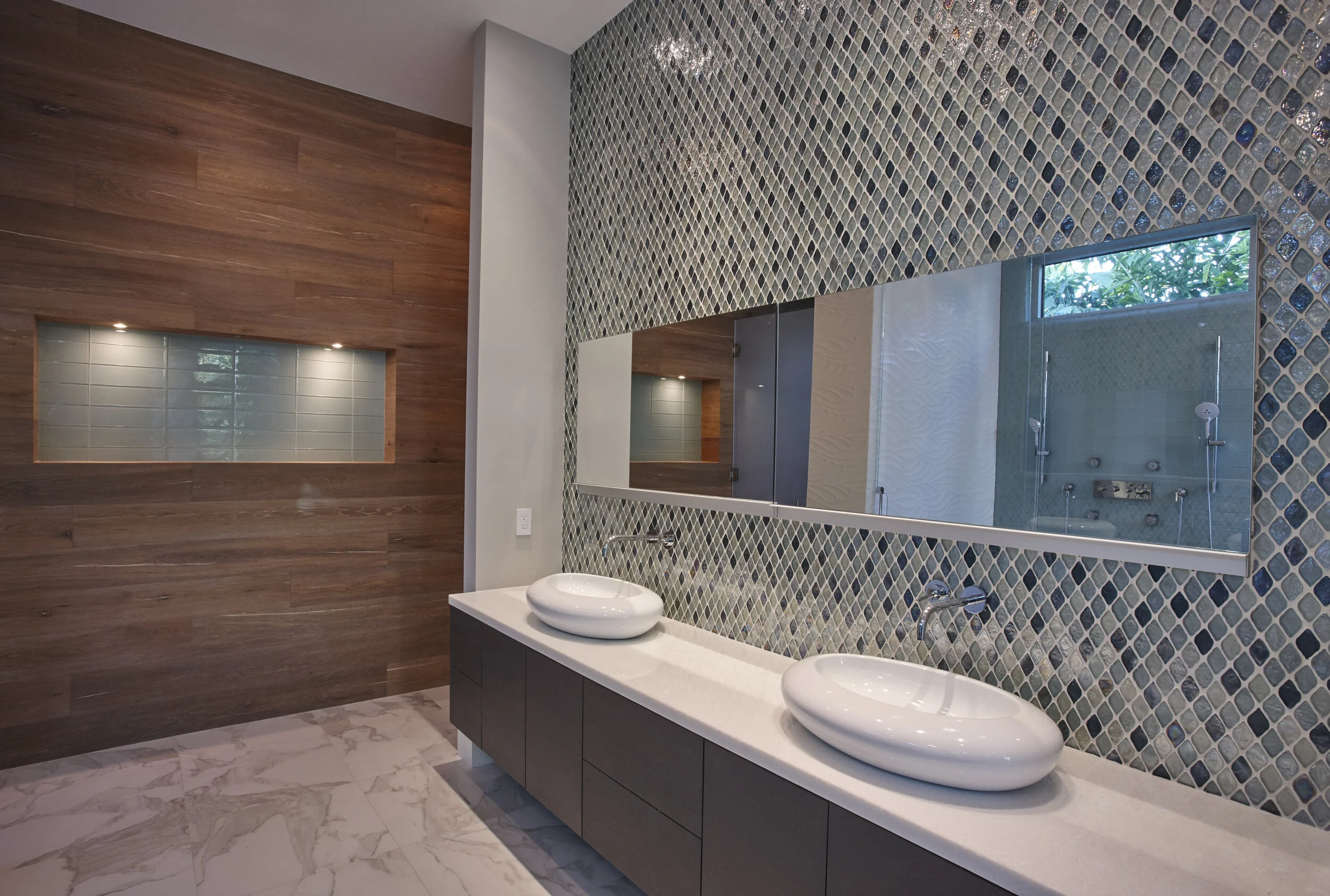 Harbor Beach custom luxury contemporary home master bath with double vanity and glass mosaic tile