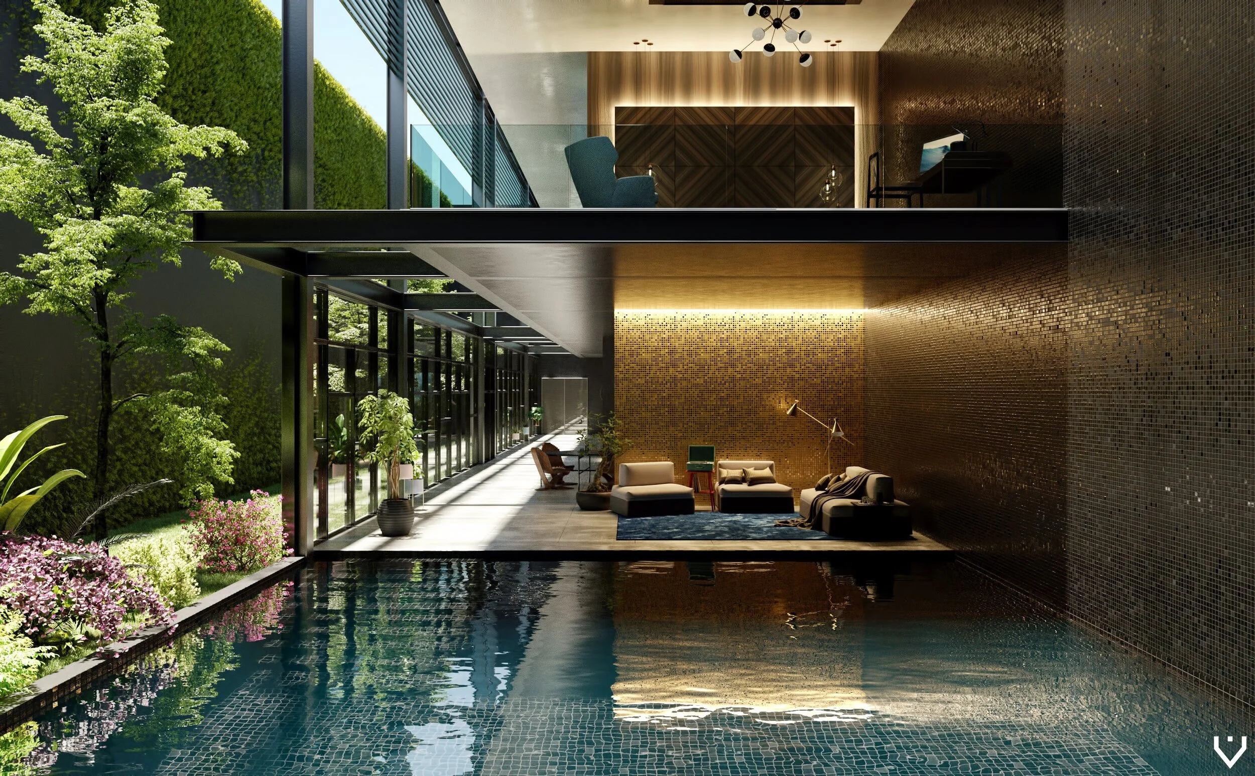 Luxury South Florida waterfront contemporary home with floor to ceiling windows overlooking pool area