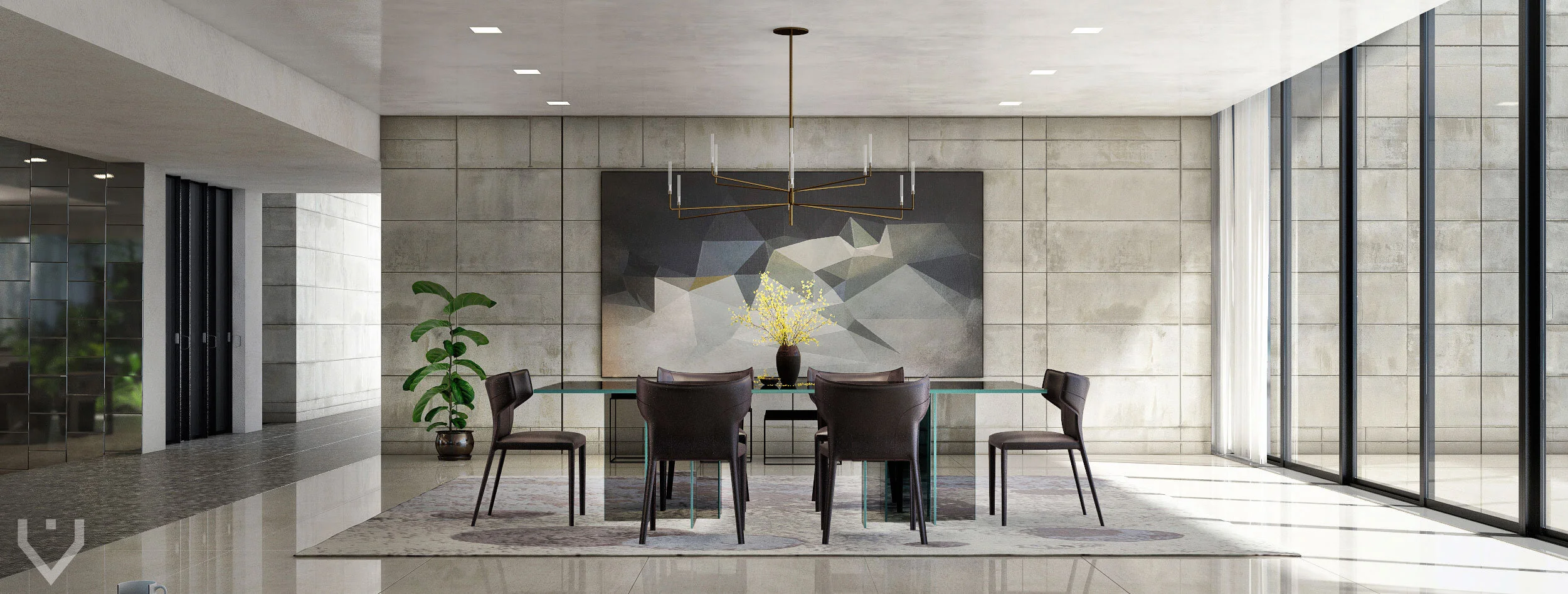 Luxury South Florida waterfront contemporary home dinig area with floor to ceiling pivot doors