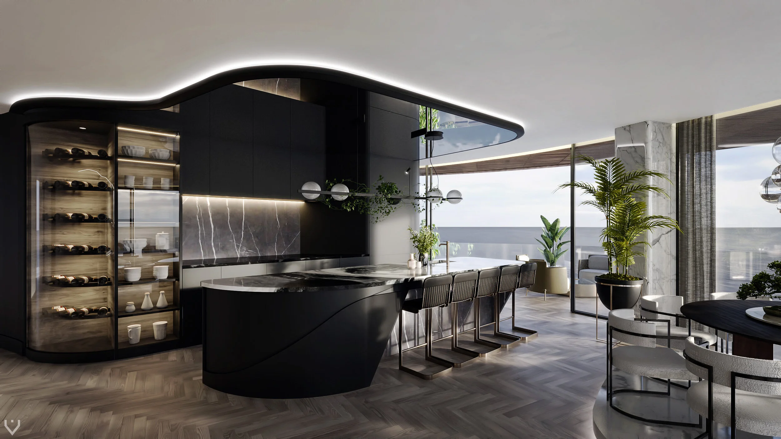 Luxury South Florida waterfront contemporary home with custom bar area for entertaining