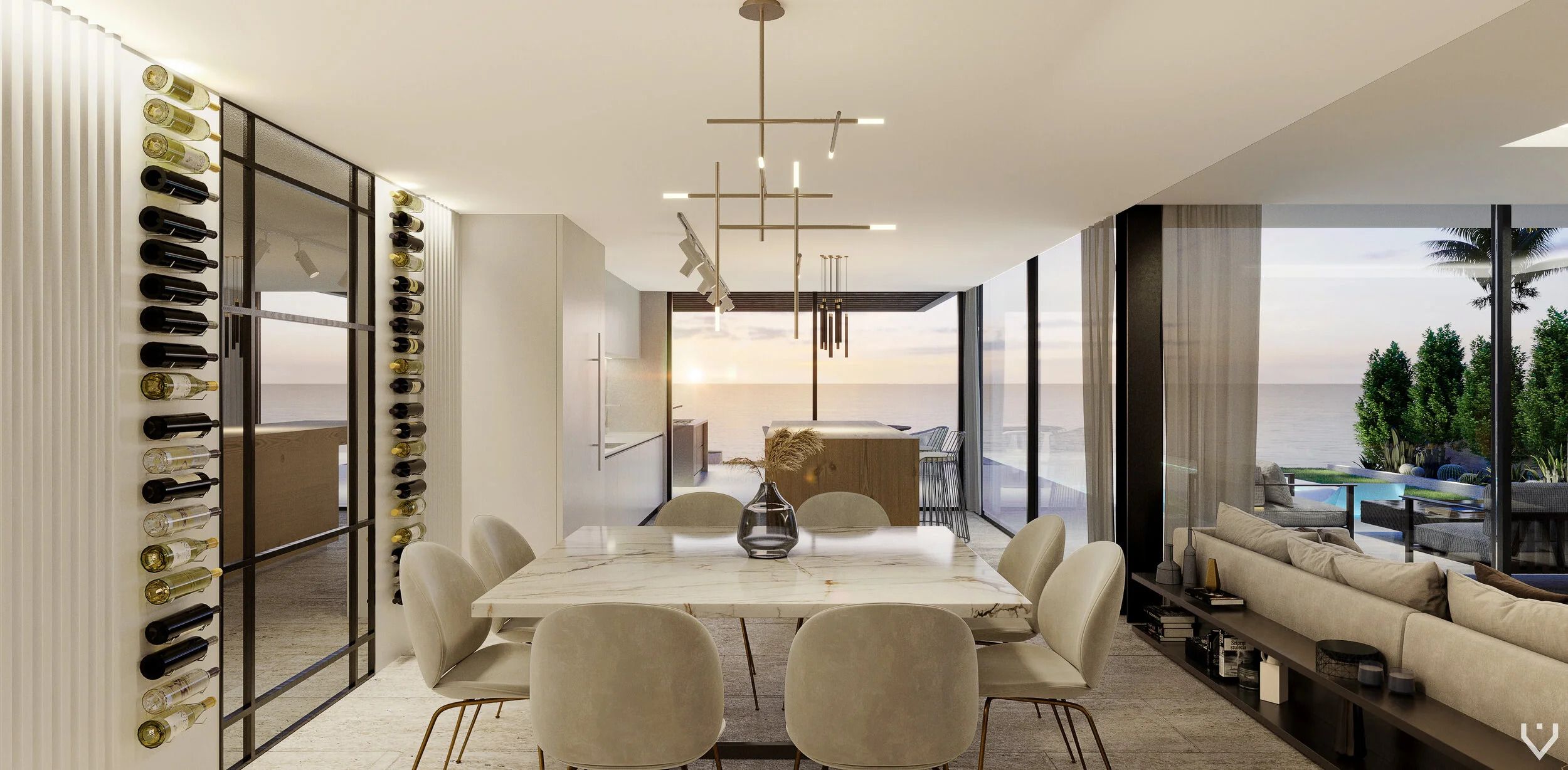 Luxury South Florida waterfront contemporary home custom eat-in kitchen wine storage