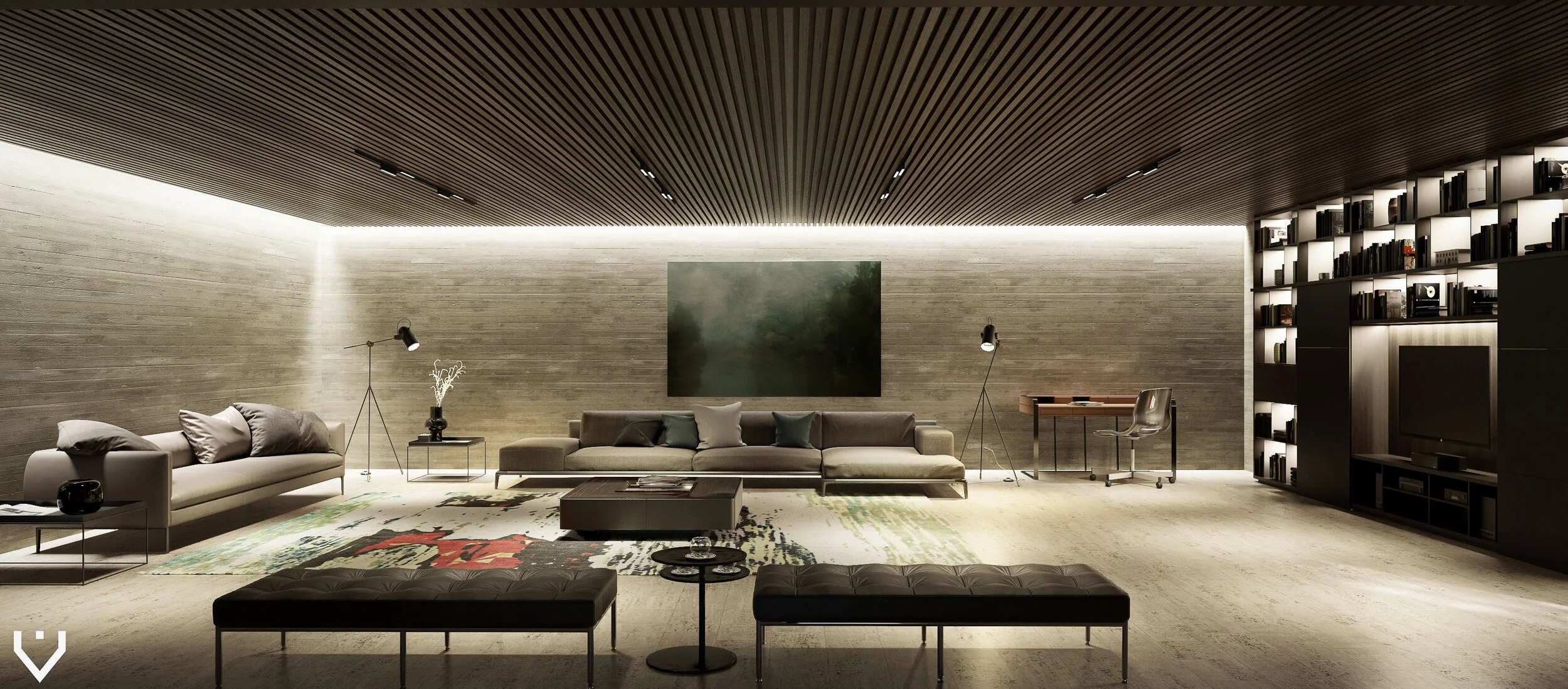 Luxury South Florida waterfront contemporary home custom lighting and built in wall unit