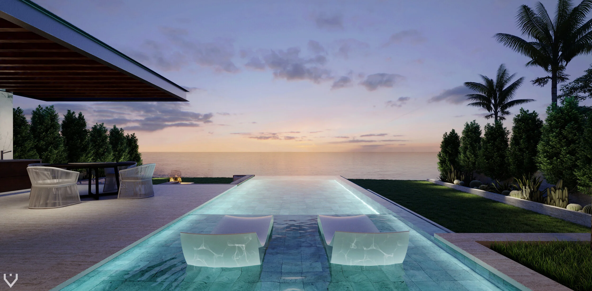 Luxury South Florida waterfront contemporary home infinity edge lighted pool with built-in seating