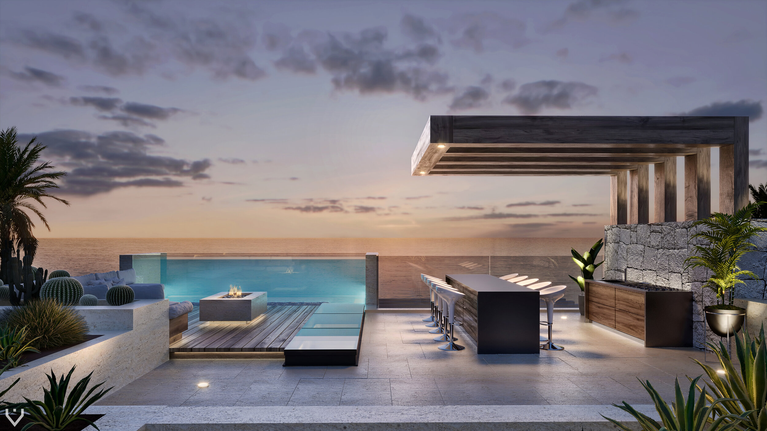 Luxury South Florida waterfront contemporary home twilight exterior view of pool and summer kitchen bar area