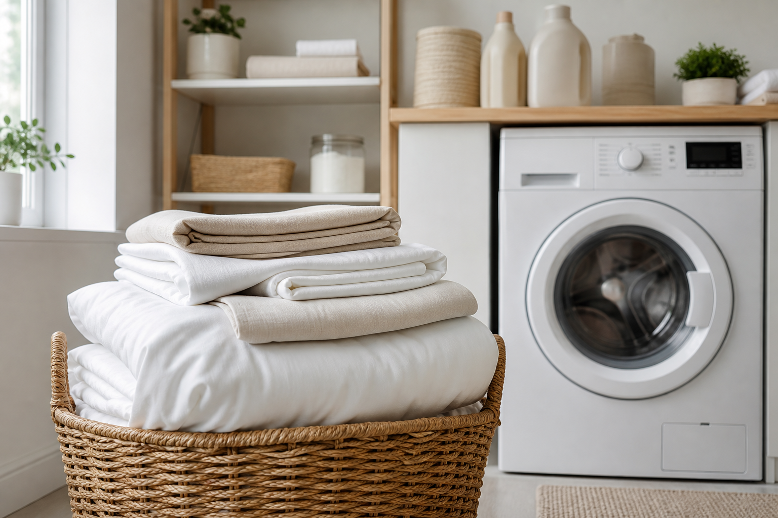 Freshly folded sheets and pillowcases in a laundry room