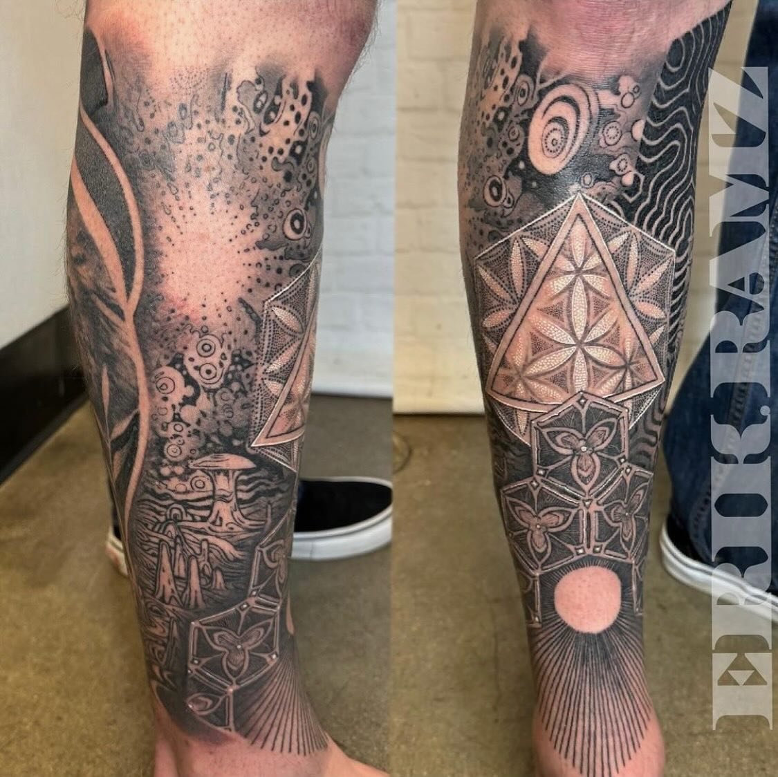 @erik.ramz with this beautiful trippy geometric leg sleeve 🔥
.
Call the shop today to book with @erik.ramz 
.
720.904.8904
.
Using #dankubin #cainforge #dynamicink #blackclaw #fusionink #allegoryink #bishoprotary