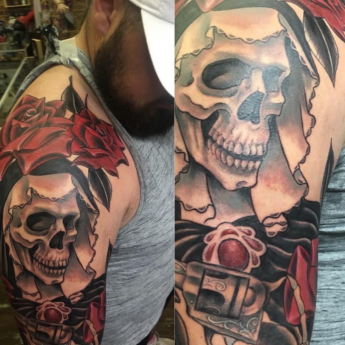 @purdyink with this super sick day of the dead shoulder piece 🔥
.
Give the shop a call to book with @purdyink 
.
720.904.8904
.
Using #dermshield #dynamiccolor #fkiron #eternalink #kwadron #solidstatesupplies