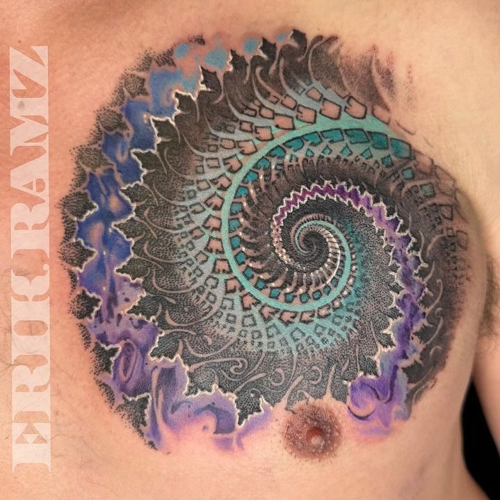 Amazing trippy mandala design from the talented @erik.ramz! 🌀
&bull;
Call the shop to book with Erik!
&bull;
720.904.8904
&bull;
@allegoryink @dynamiccolor @fusion_ink @blackclaw @dankubin @cainforge @bishoprotary 

#allegoryink #dynamiccolor #fusio