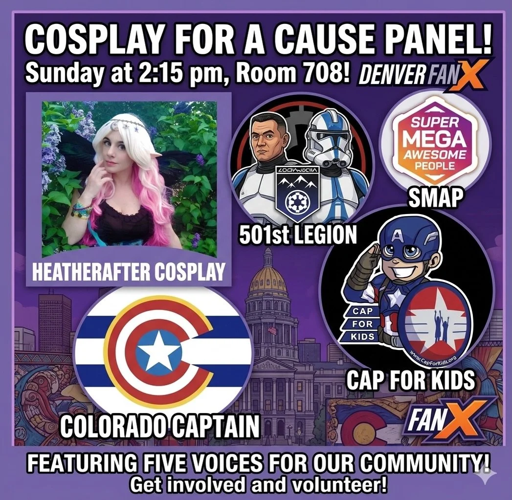 It&rsquo;s time for a panel at @fanexpodenver y&rsquo;all! ❤️🤍💙 Be sure to join @capforkids , @heatheraftercosplay , @supermegaawesomepeople @mg501st and Colorado Captain for some Q&amp;A about getting into volunteer and community activities!