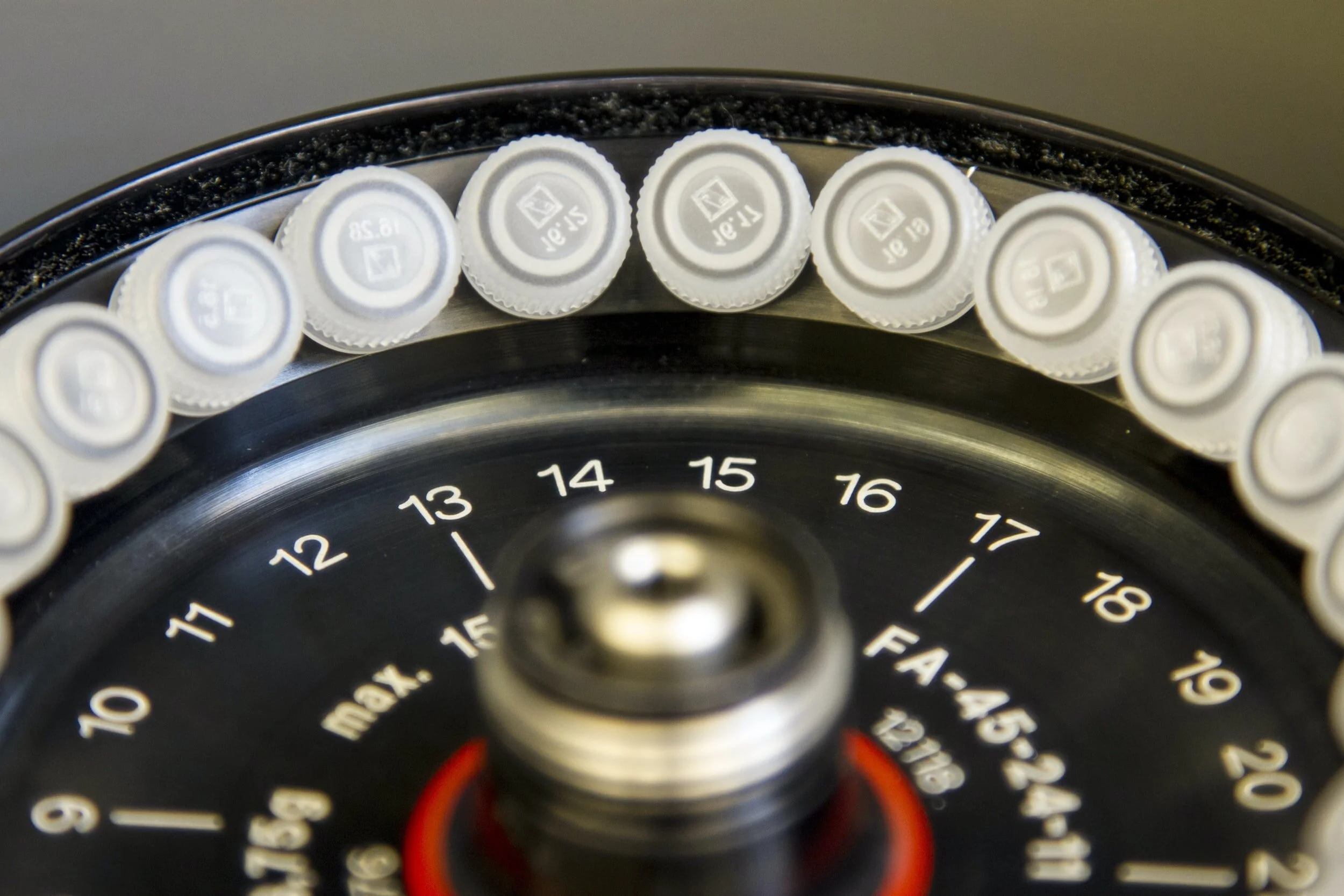 Inside of a centrifuge filled with sample tubes