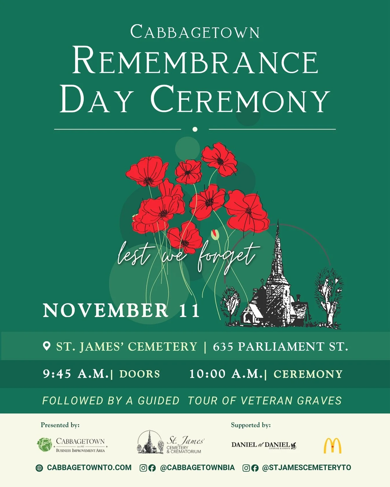 Remembrance Day in Cabbagetown πΊ
Join us on Tuesday, Nov 11 at St. James’ Cemetery (635 Parliament St., Parliament & Wellesley) for a special community Remembrance Day ceremony.
π Doors 9:45 AM
 π€Ceremony 10:00 AM in the Chapel of St. J