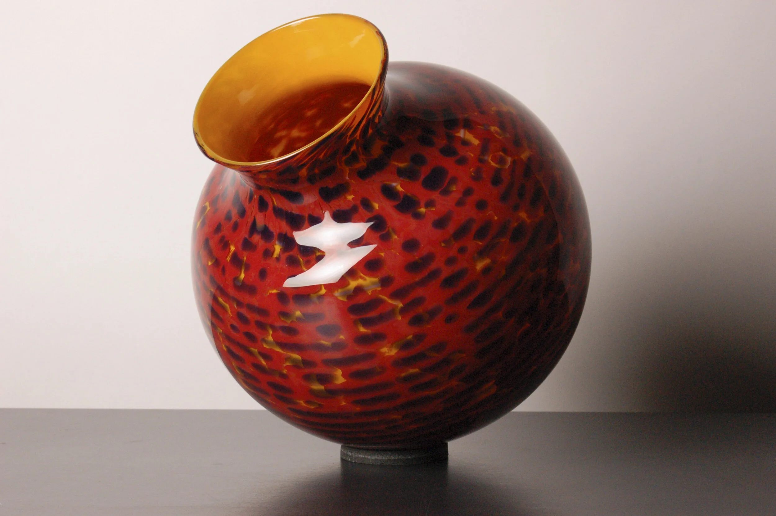 Textile pattern pot in crown yellow, red, medium blue, white. (13”x14”) 2007