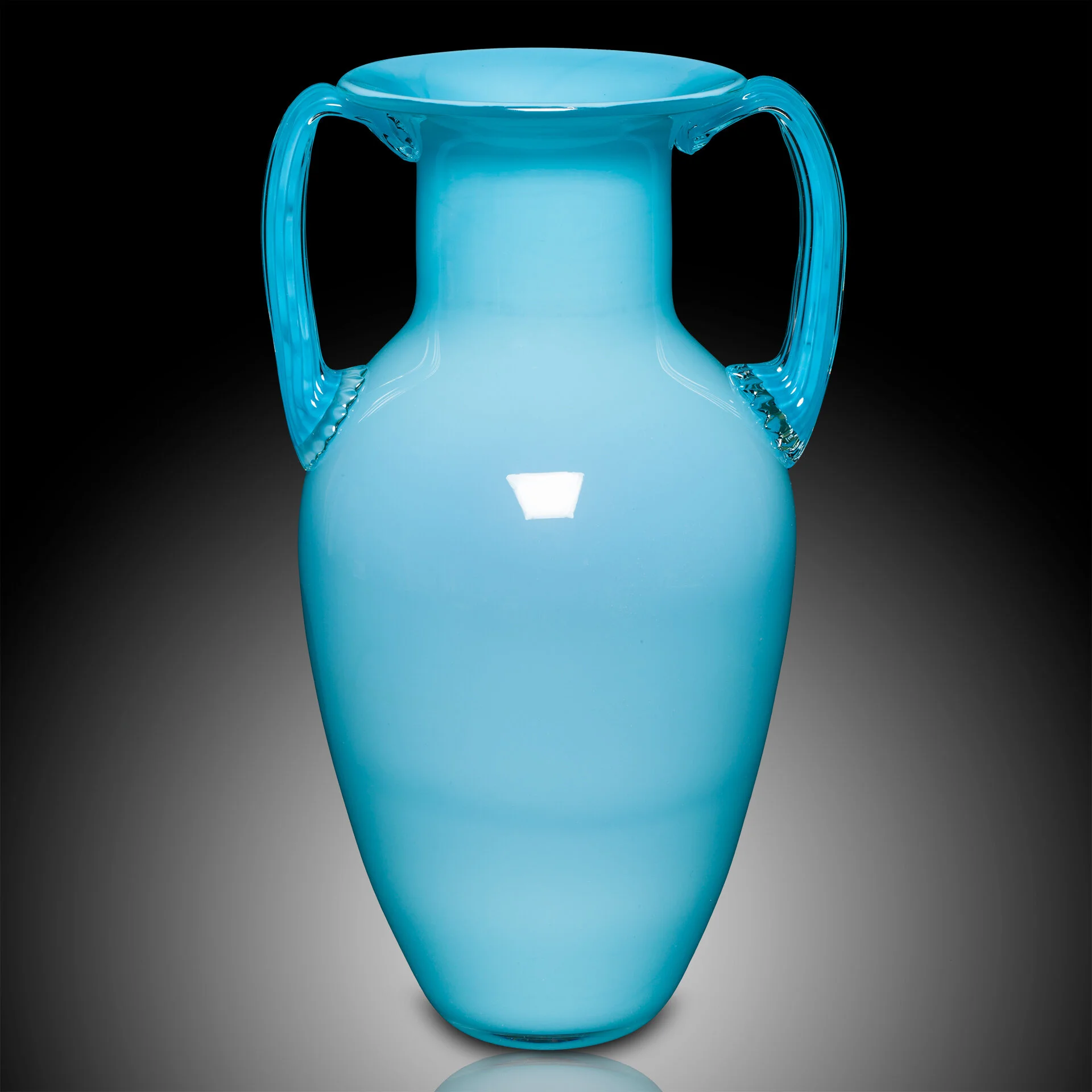 Turquoise Amphora shaped vase with rigged handles. (13”x6”) 2012