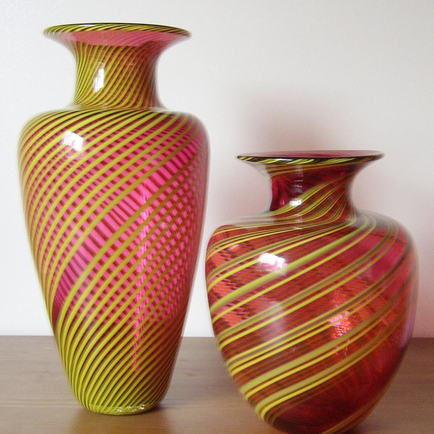 Two Cranberry with Canary yellow cane vases. 2005
