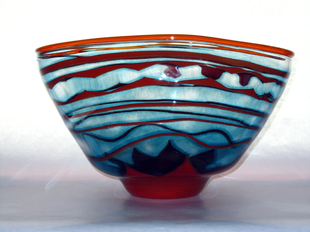 Blue and Orange basket made using the Graal technique. (8.5”x13”x8”) 2010