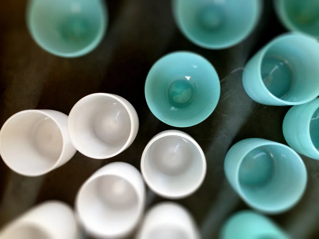 Celadon and Opal white glasses. (3.5”x3”) 2010
