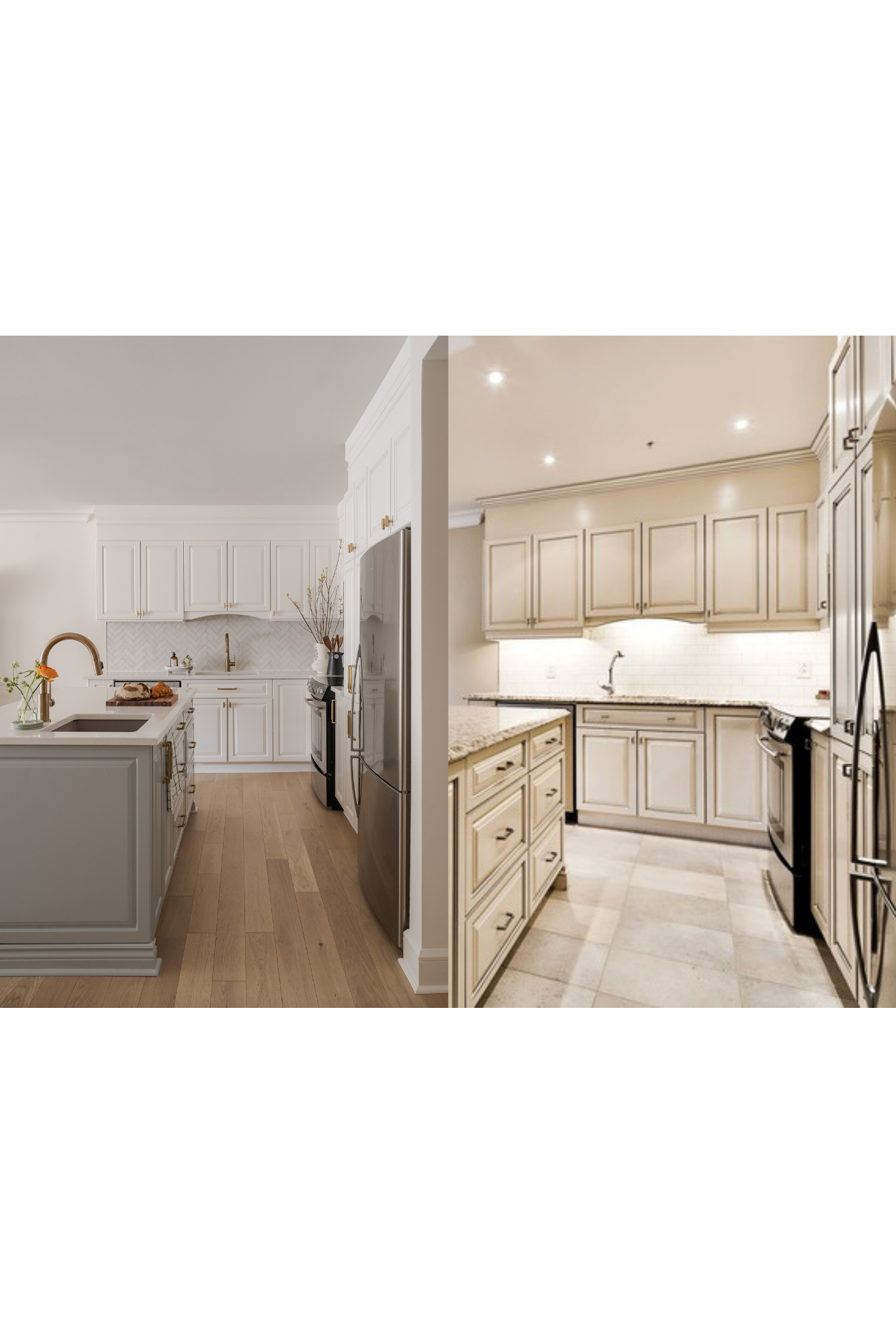 CREAM KITCHEN (BEFORE RIGHT) EXISTING CABINETRY PAINTED WITH SLIGHT MODIFICATIONS