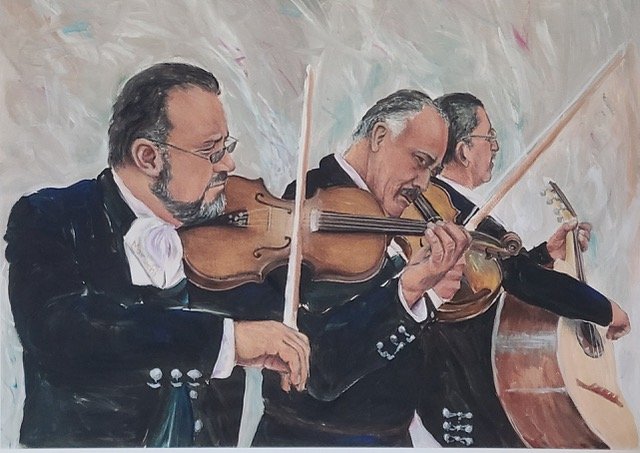 View of the Mariachi, 24 x 36, Pastel on Tempera