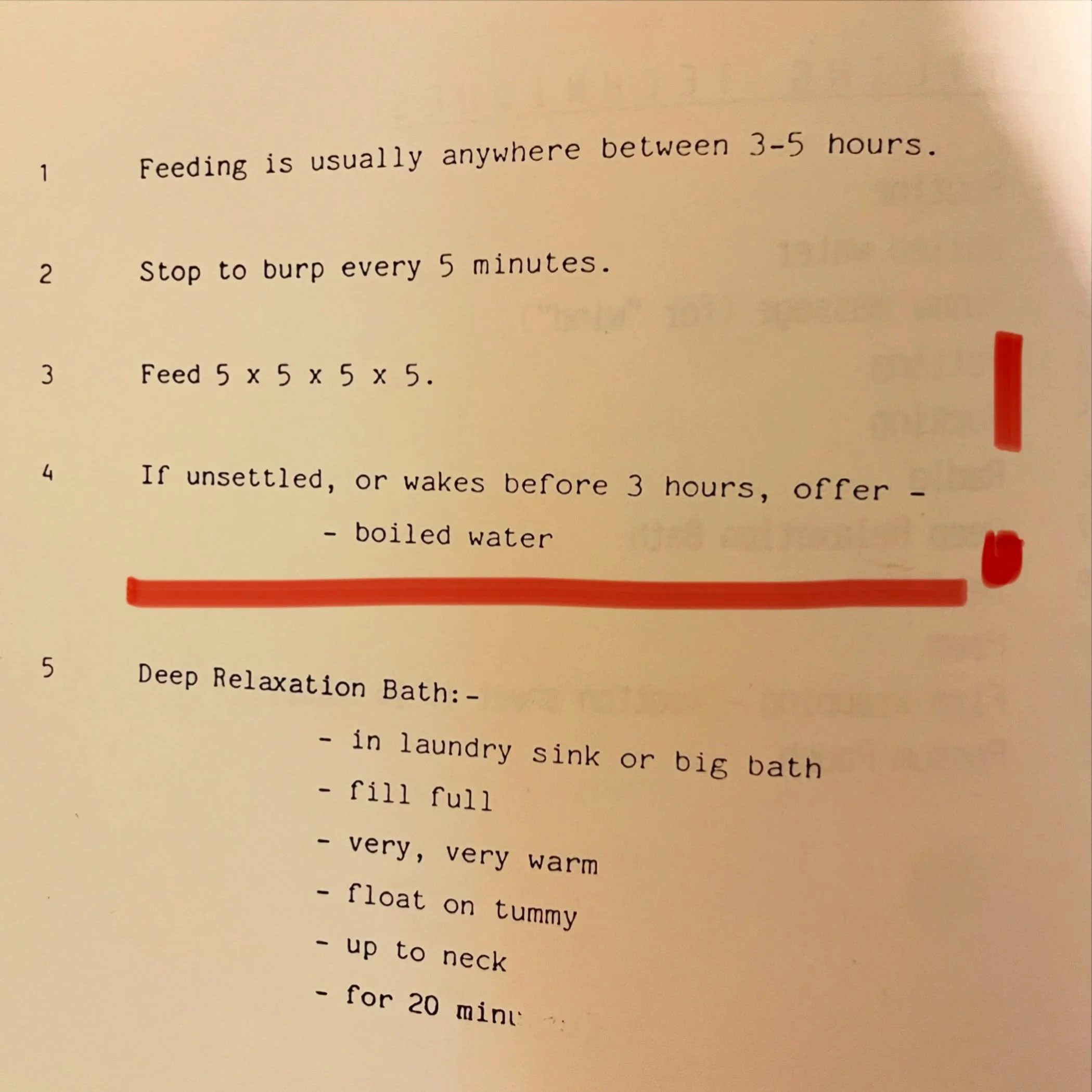 1990! DO NOT DO THIS!! My baby bro&rsquo;s baby book. At 1 week of age, told to give 30-60mls of cooled boiled water if he woke before 3hrs. Feed between 3-5hrs, 5min switch feeding and burping every 5mins. So disruptive!! Needless to say, breastfeed