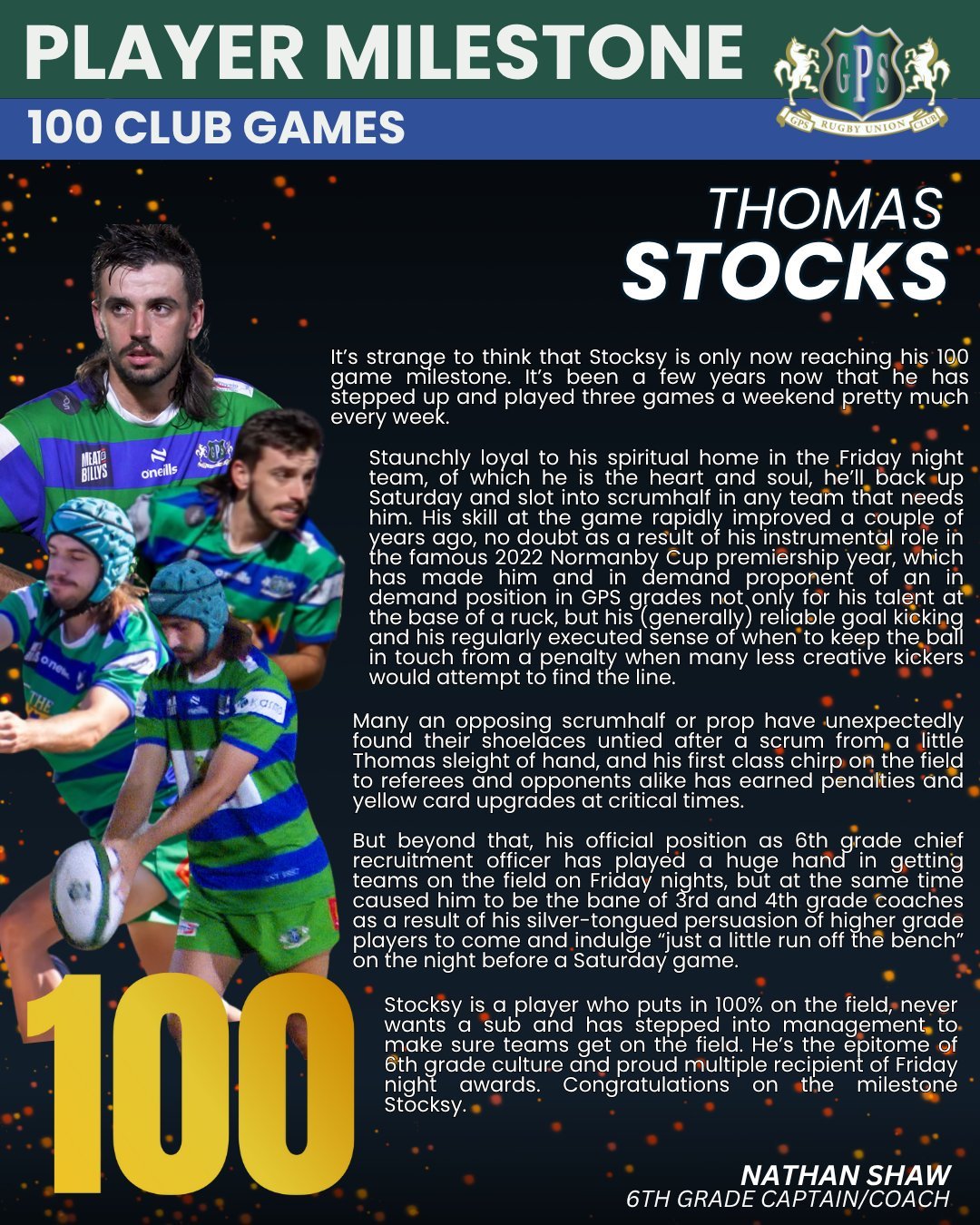 Thomas Stocks will run out for his 100th Club Game this evening when he takes the field for our 6th Grade side when they take on Wests 8:00pm at Yoku Rd.

Give 'em Heaps Stocksy!