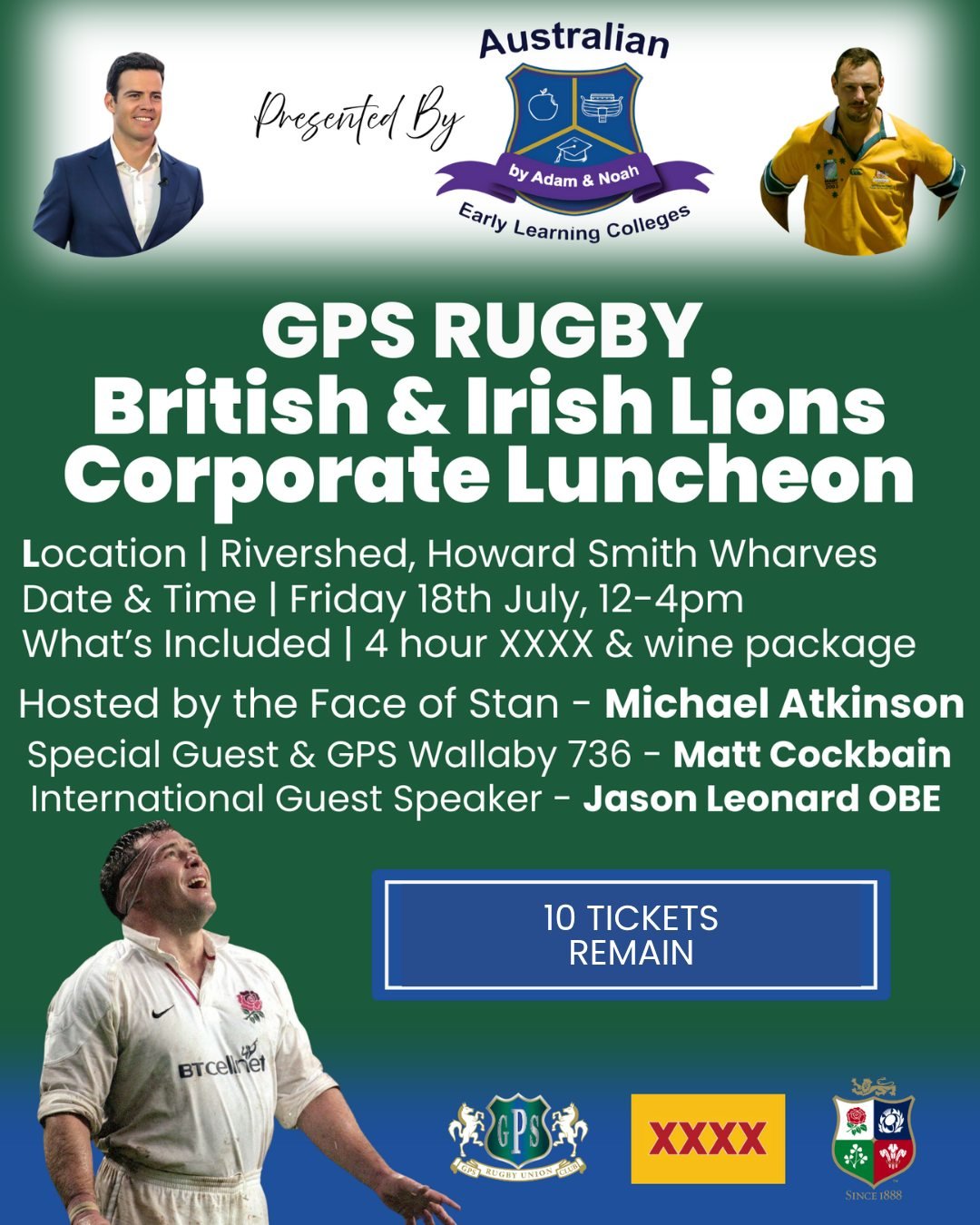 Only 10 tickets remain...

Get in quick: https://www.gpsrugby.com.au/store/p/britishirishlionscorporatelunch