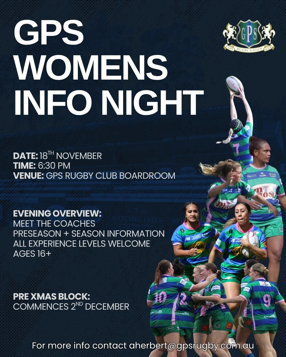 Premier Womens Rugby is back at GPS!

Join us on 18th November at 6:30pm to here from Head Coach Manuel Cole-Manolis on the upcoming preseason and season information.

All levels of playing experience are most welcome.

Give 'em Heaps.