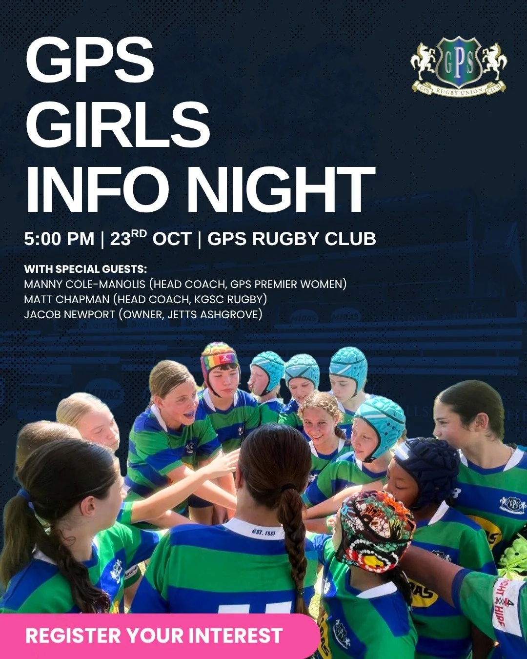 Save the Date. 

GPS Girls Rugby 2026 Information Evening. 23rd October, 5pm. 

If you are considering rugby as an option this coming year pop in to the Girls Rugby information night to meet the team and learn more about the exciting program we have 