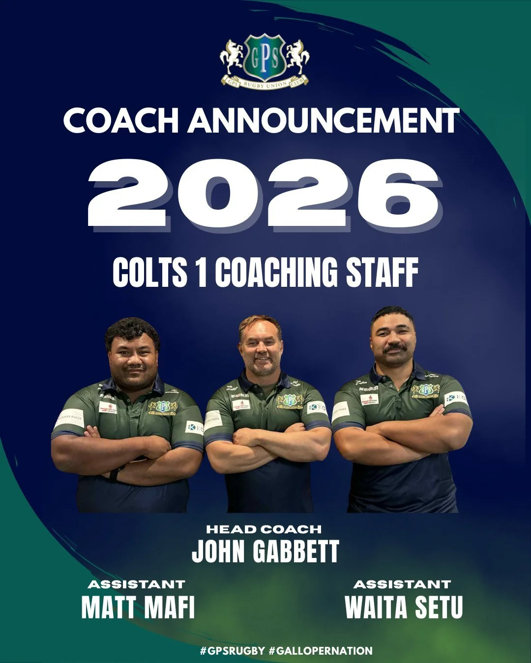 GPS Rugby Club is proud to annouce our 2026 Colts 1 Coaching Team.

John Gabbett continues in his role as Head Coach (Attack), with Assistants Matt Mafi (Forwards) and Waita Setu (Defence) also reprising their roles for 2026.

Give 'em Heaps