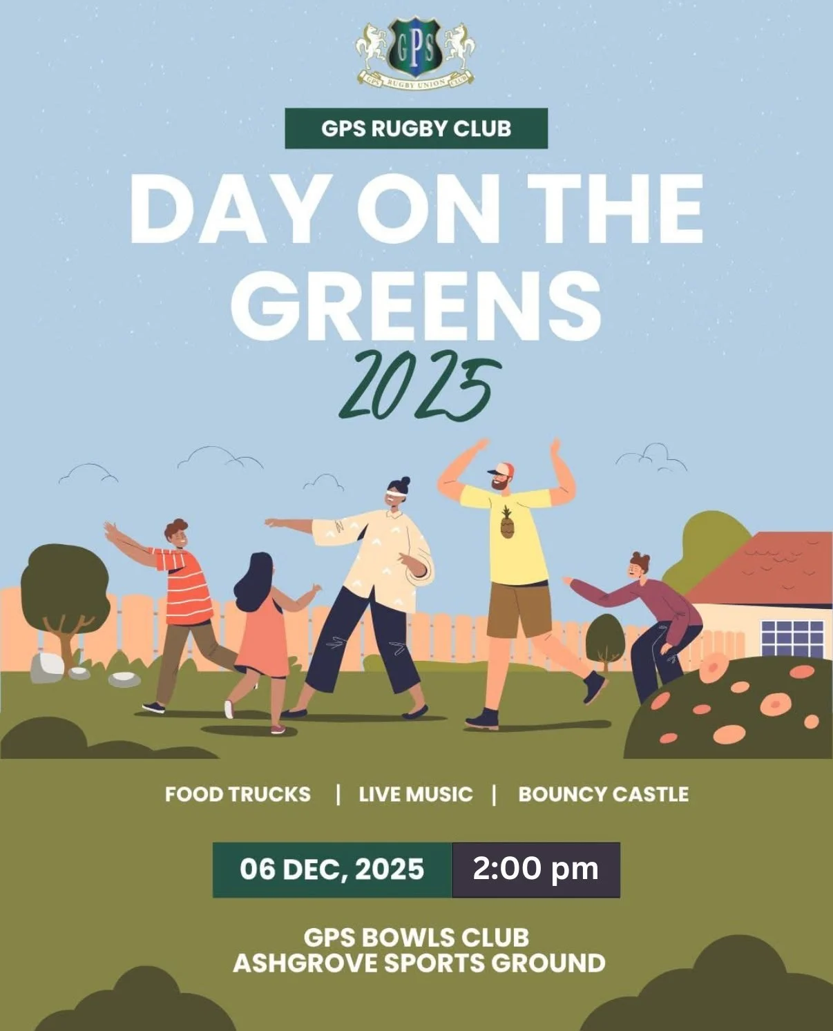 FUN for the whole family at GPS this Saturday Dec 6th from 2:00pm for DAY ON THE GREENS!! Food Trucks and Bar, LIVE Music, Bouncy Castle, Kids Games, Christmas Raffles, we've got the lot!! CRICKET fans don't despair, we'll also have the ASHES broadca