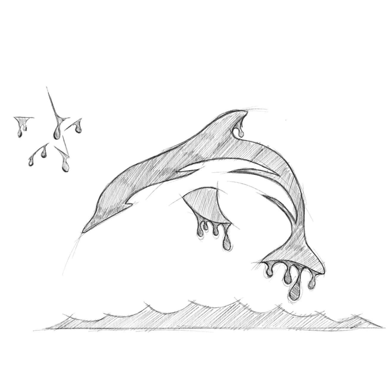 Sketch of a dolphin with dripping water, swimming above the ocean - designed in collaboration with Keagan Roberson.