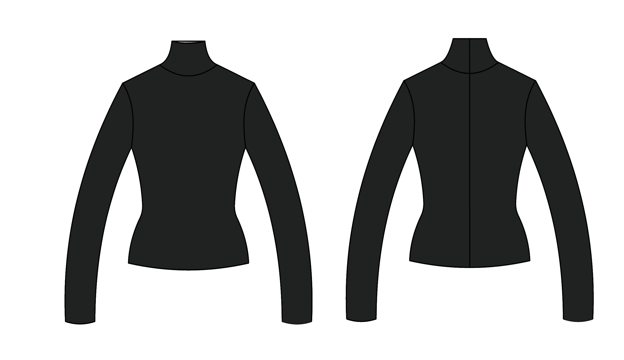 Black long-sleeve turtleneck top sketch shown in front and back view - designed in collaboration with Keagan Roberson.