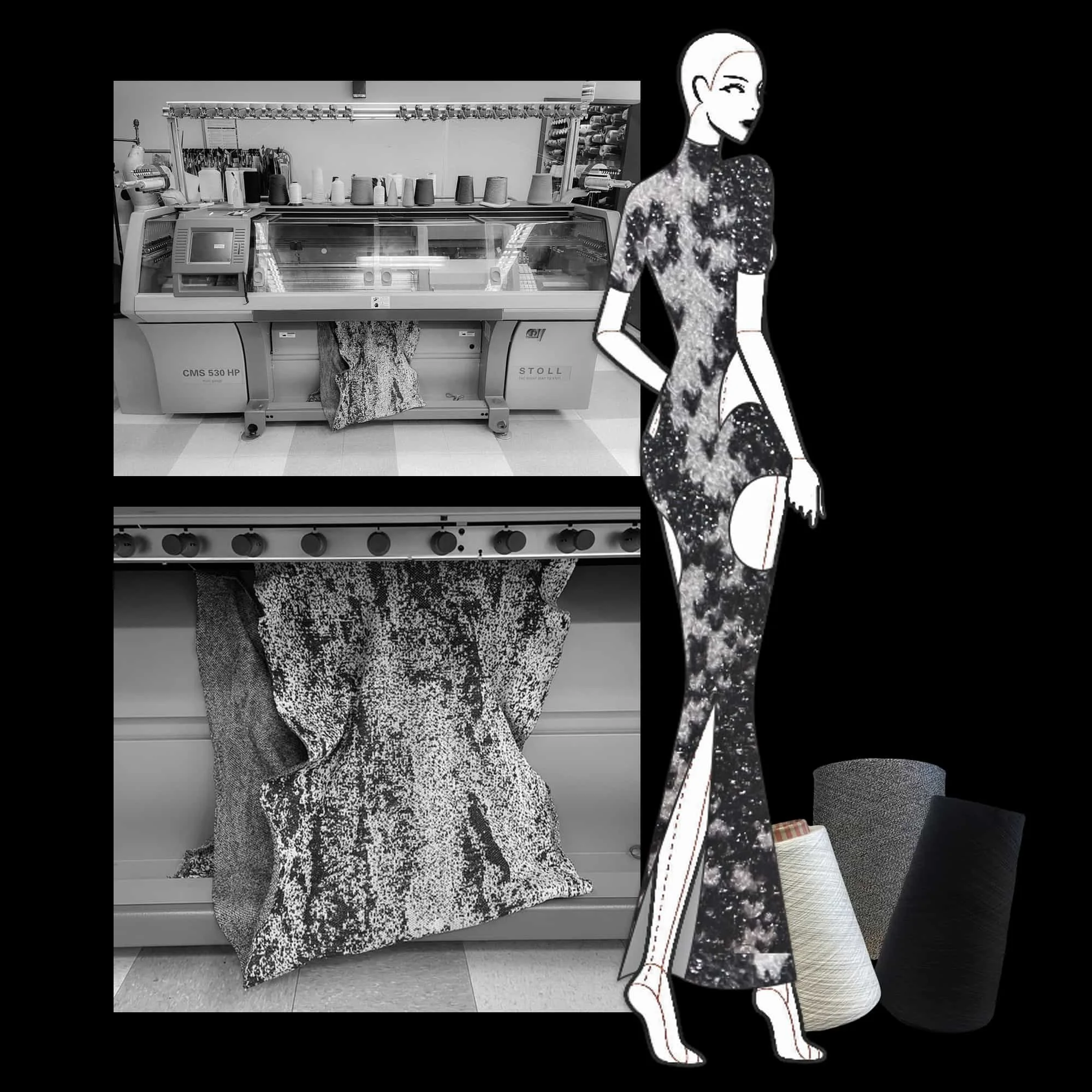 Black and white photograph of a knitting machine with colorful threads and spools, and an illustrated woman in a galaxy-patterned dress, standing beside spools of yarn.