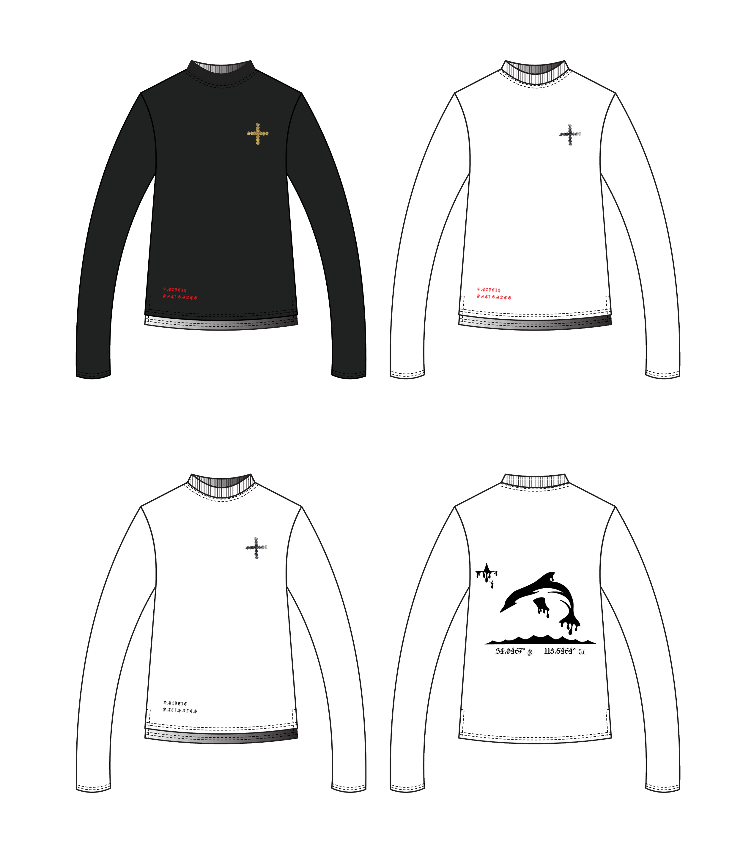 Design sketches of long-sleeve shirts in black and white, featuring cross symbols on the chest and dolphin graphics with coordinates on the back - designed in collaboration with Keagan Roberson.