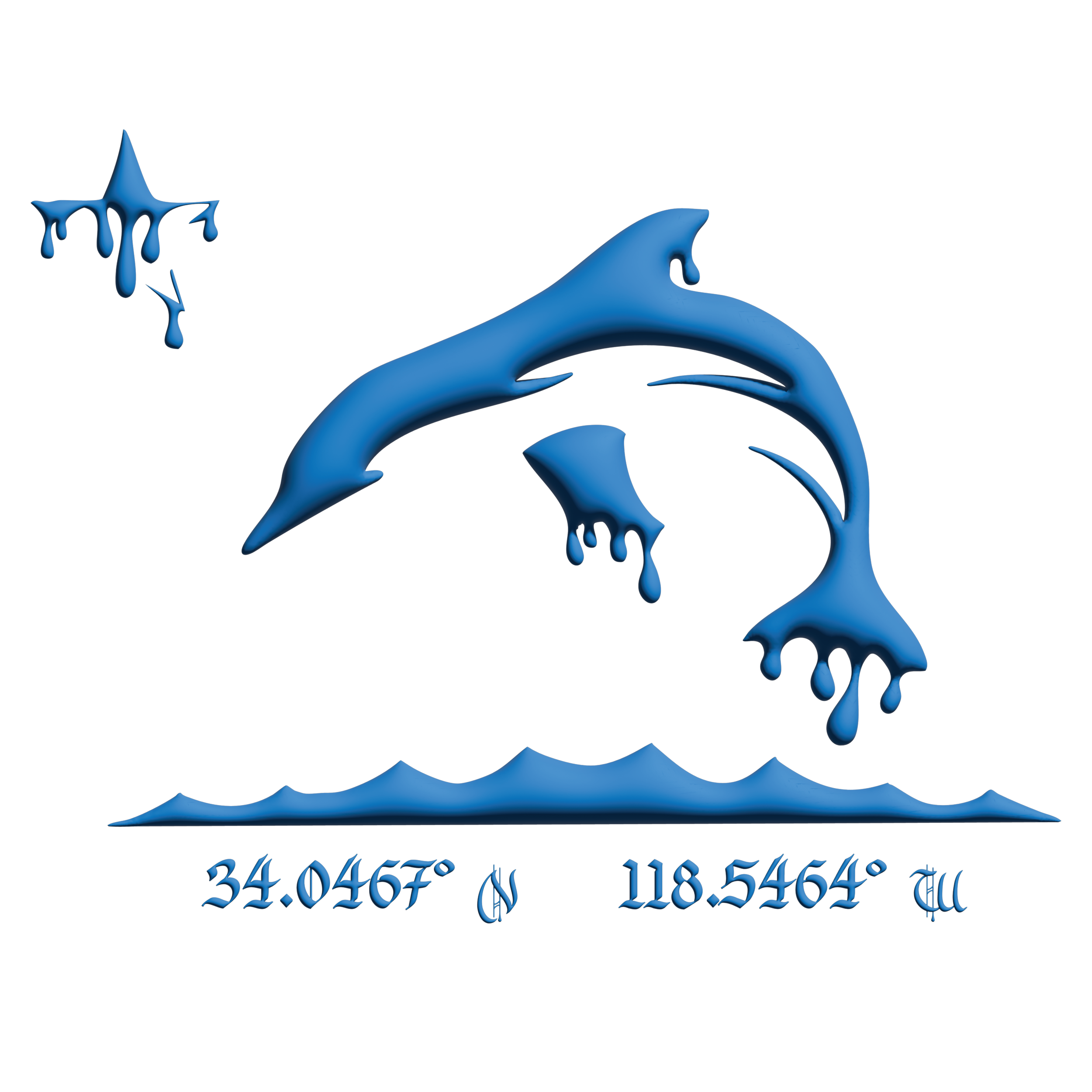 Blue dolphin graphic with stylized waves and Los Angeles coordinates (34.0467° N, 118.5464° W) - digital artwork designed in collaboration with Keagan Roberson.