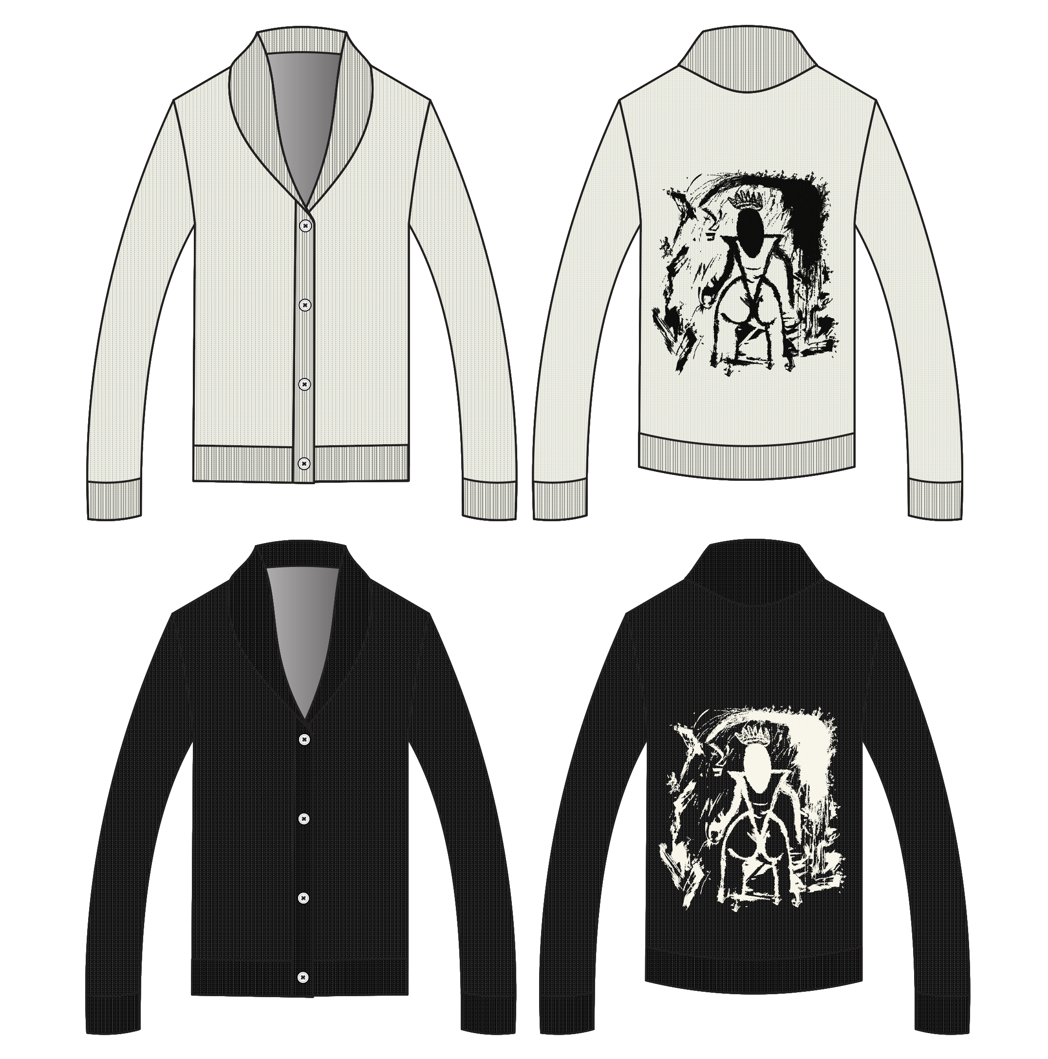 Two cardigans shown side by side - one ivory, one black - each featuring a back graphic of an abstract crowned figure. Designed in collaboration with Keagan Roberson.