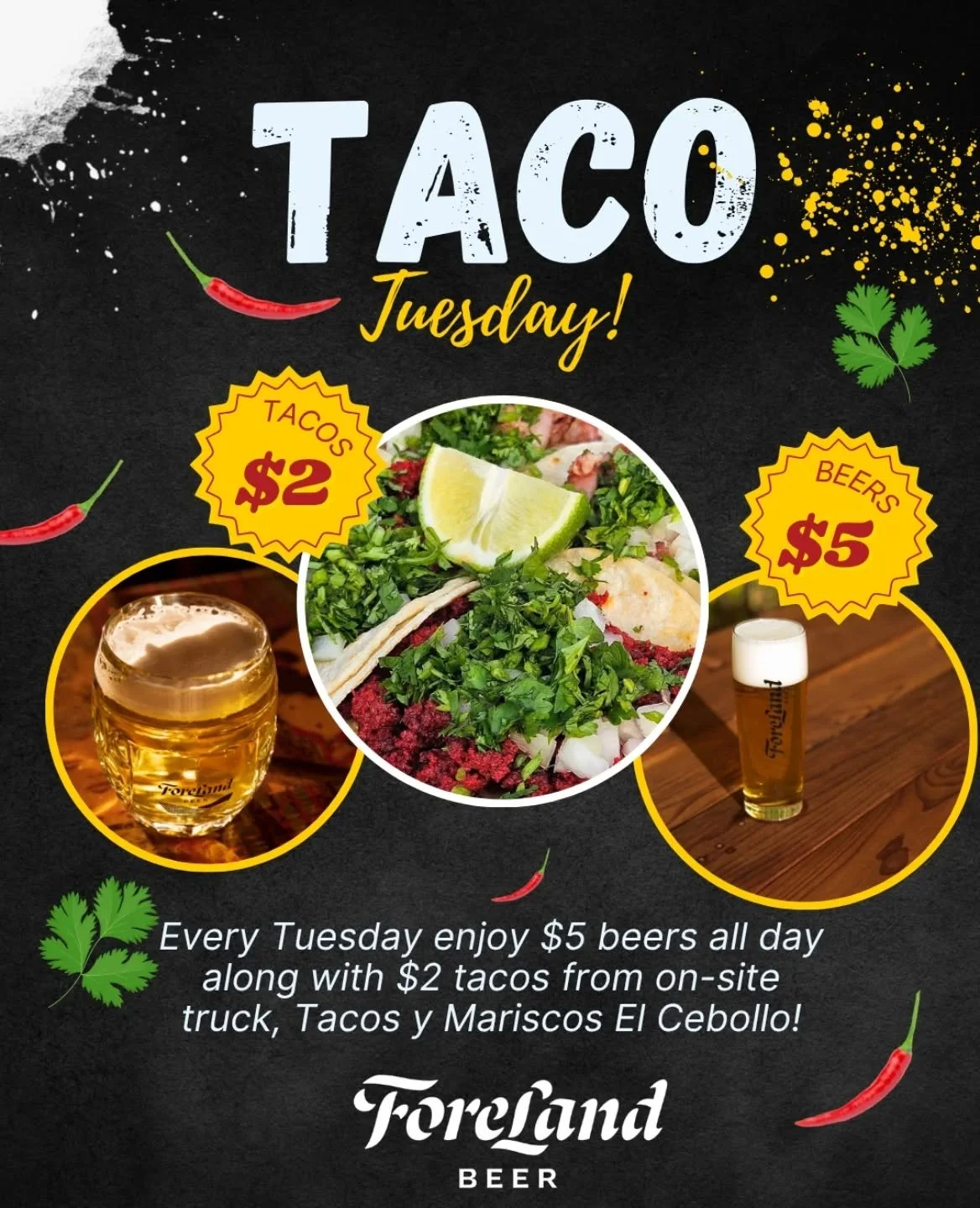Each and every Tuesday is Taco Tuesday at the brewery! We're pouring $5 beers all night to wash down all the $2 tacos you can eat from @tacosymariscoselcebollo. It's the best deal in town!