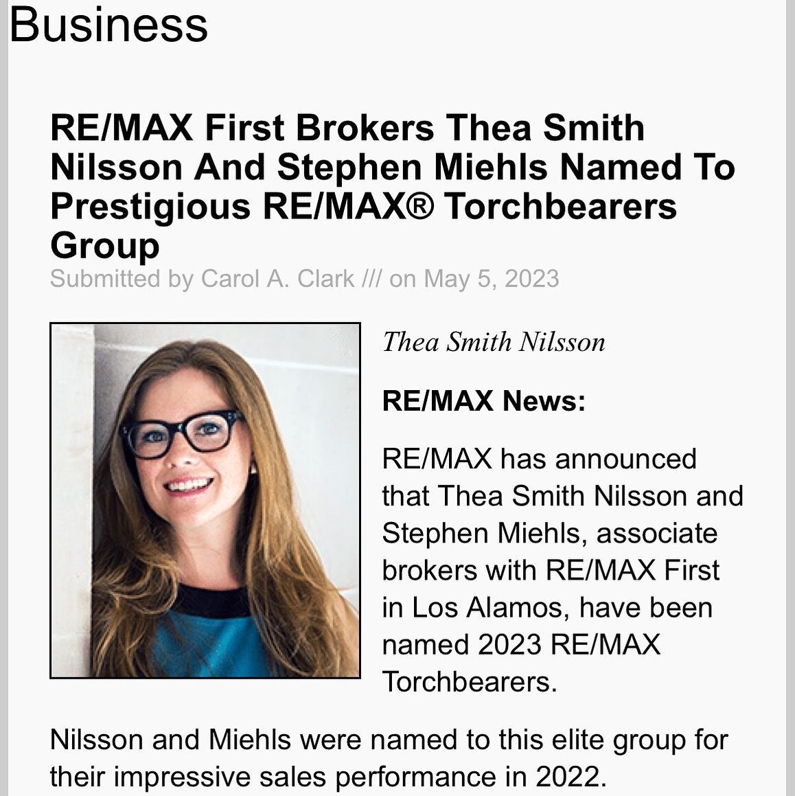 Thank you @losalamosdailypost and @remaxfirstnm for this recognition. 📰

I love working in Los Alamos! 
.
.
.
#losalamostrue #remaxhustle #losalamosrealtor #losalamosnm #santaferealtor #remaxaward #remaxtorchbearer