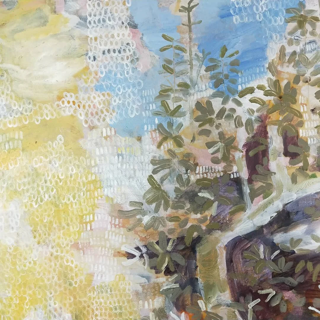 Painted on Mingerribah-Stradbroke Island... I took this large canvas over on my truck a few weeks ago and painted in the morning sunshine... Then went to the beach... Painted again... The banksias there are brilliantly silver and green. It's easy to 