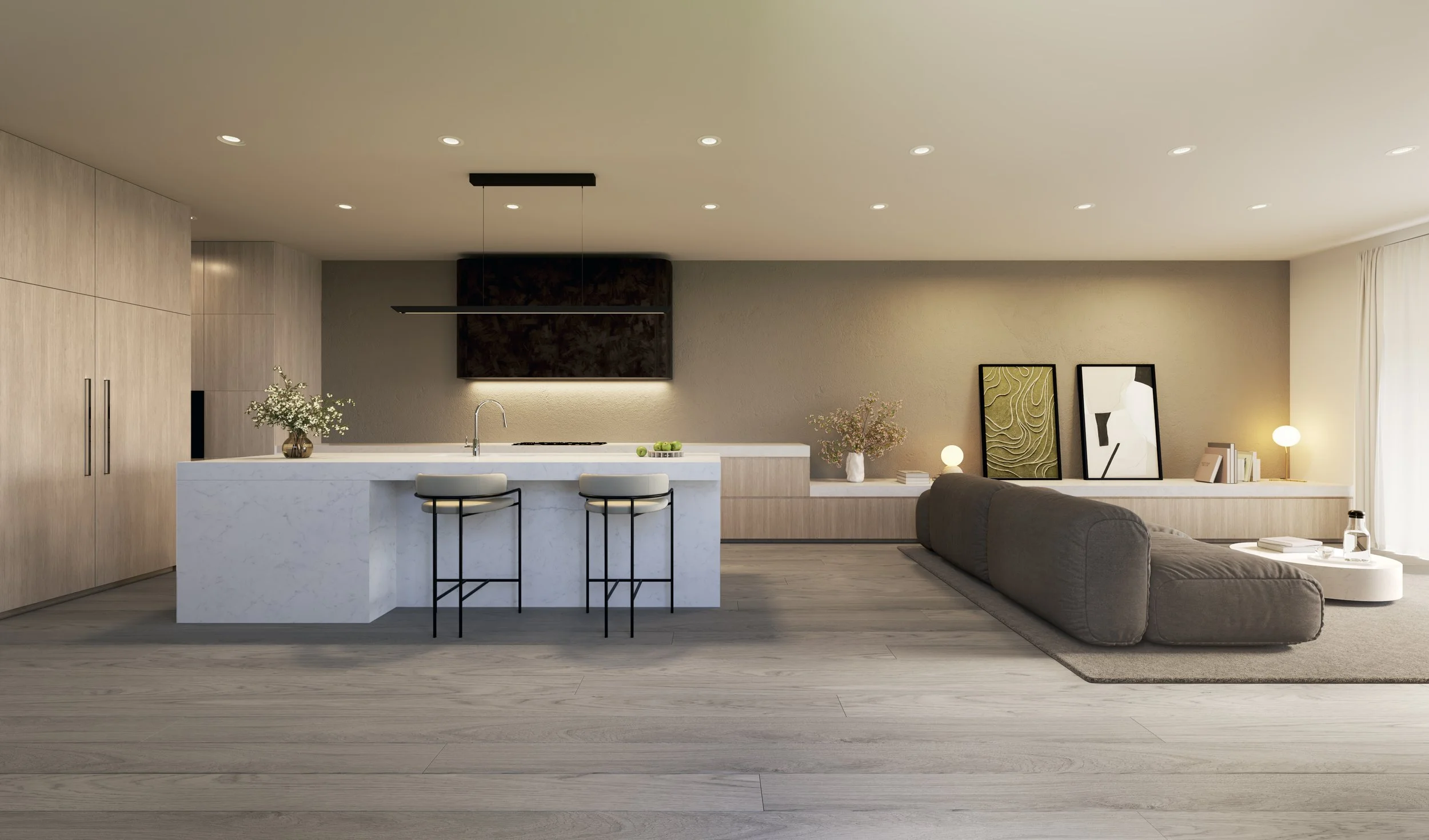 Luxurious open-plan living area in a Sydney Passivhaus home with modern fixtures, natural light, and sustainable design features