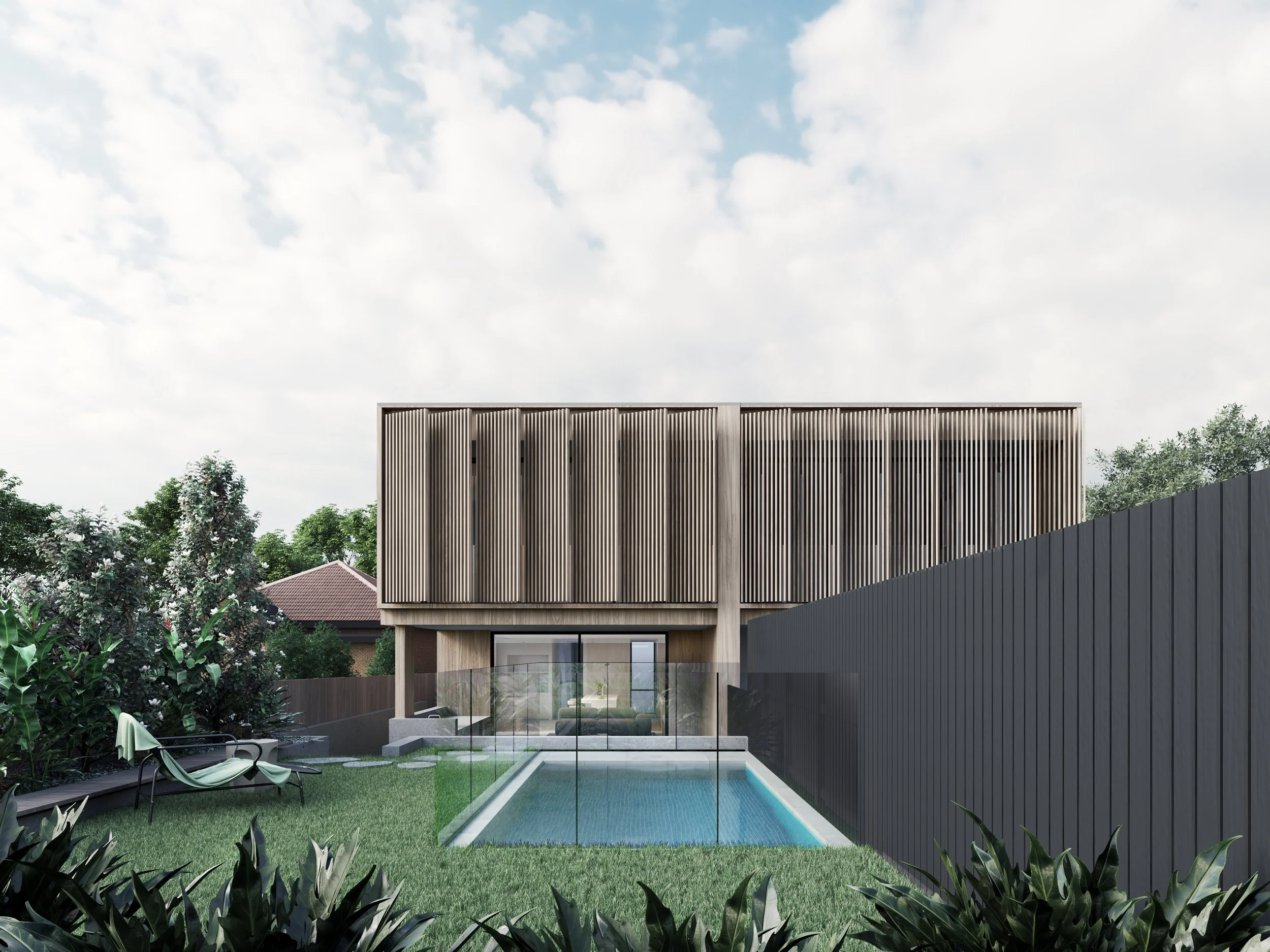 Private backyard with swimming pool in a Sydney Passivhaus home, featuring sustainable design, outdoor living space, and modern architecture